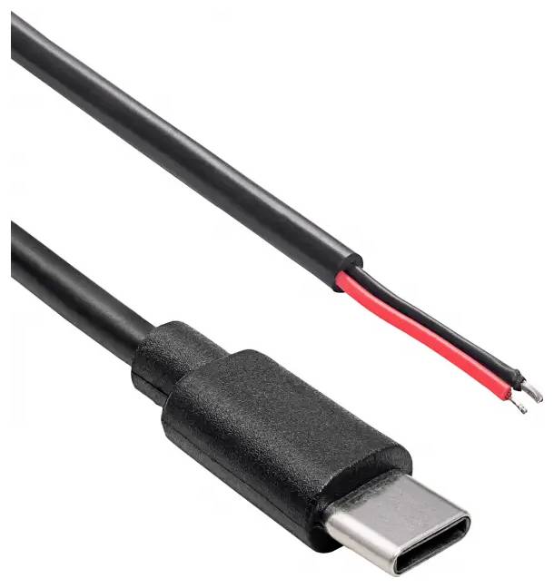 Ein schwarzes USB-C-Kabel mit freiliegenden roten und schwarzen Leitungen an einem Ende, was darauf hindeutet, dass es sich um ein unfertiges oder reparierbares Ladekabel handelt.