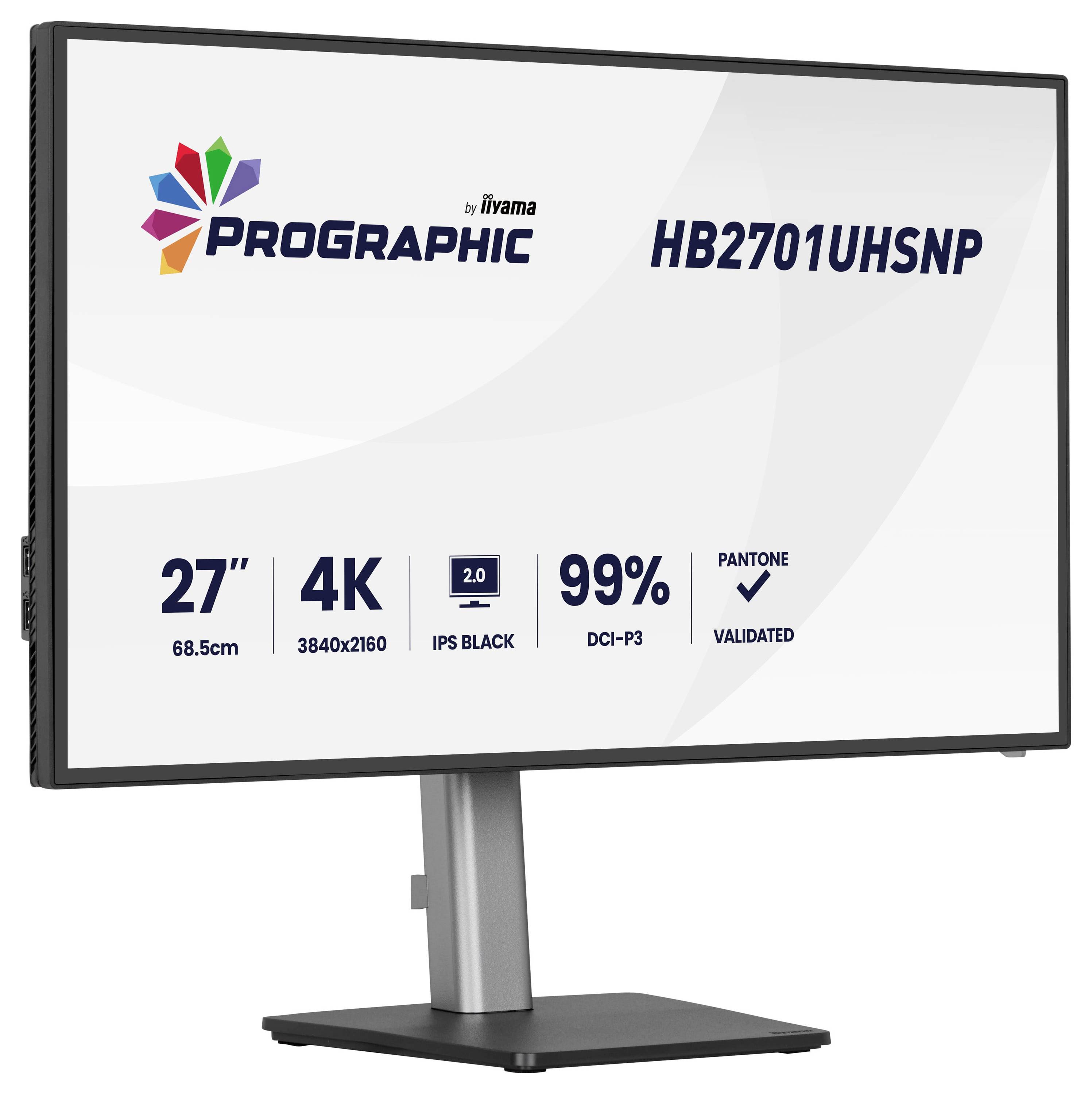 'Iiyama ProLite HB2701UHSNP' Monitor, 27 Zoll, 4K-Auflösung, IPS-Panel, deckt 99% des DCI-P3-Farbraums ab, Pantone-validiert.