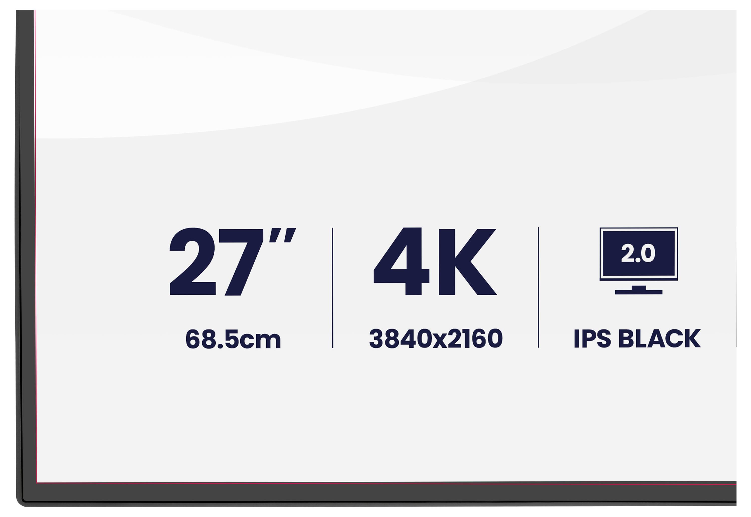 Das Bild zeigt einen 27-Zoll-4K-Monitor mit einer Auflösung von 3840x2160 und einem IPS-Black-Bildschirm.