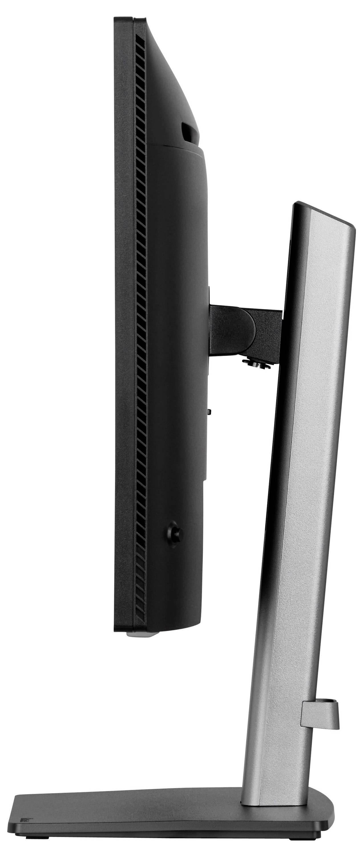 Seitenansicht eines schwarzen Flachbildschirm-Computermonitors auf einem silbernen Ständer, der sein schlankes Profil und seine ergonomische Verstellbarkeit präsentiert.