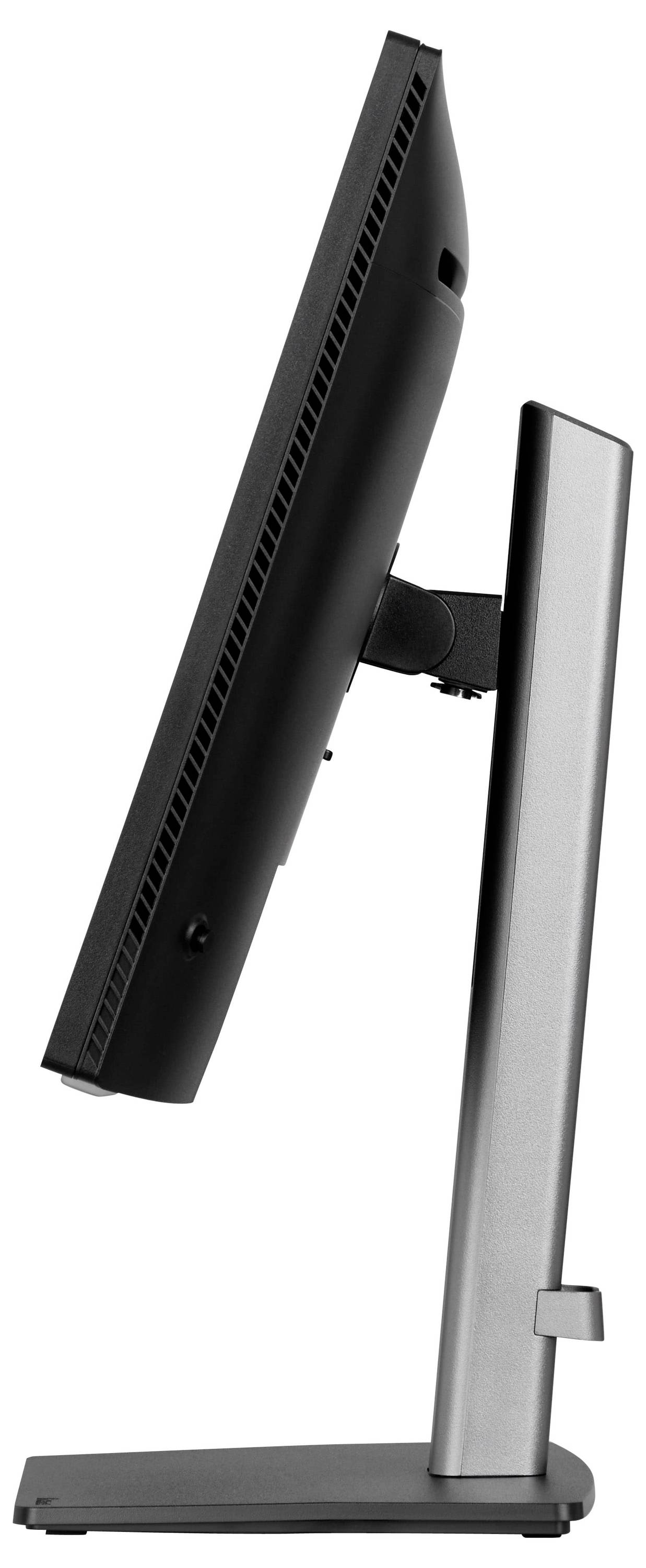 Ein schlanker, schwarzer Flachbildschirm, von der Seite betrachtet, der seine schmale Silhouette und verstellbare Ständer zeigt.