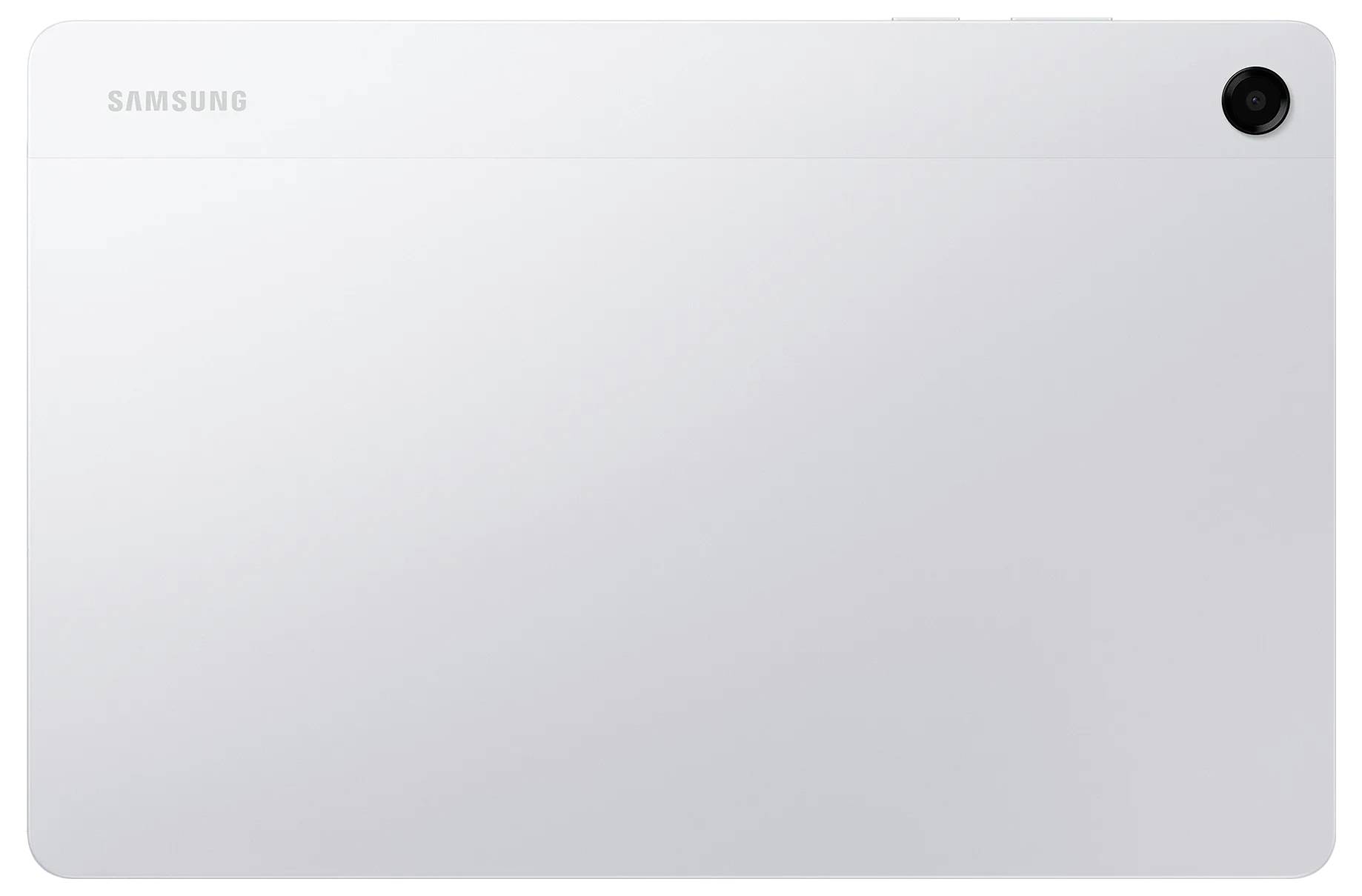 Eine weiße Samsung-Tablette, von hinten betrachtet, mit einer Kamera in der oberen rechten Ecke und einem cleanen, minimalistischen Design.