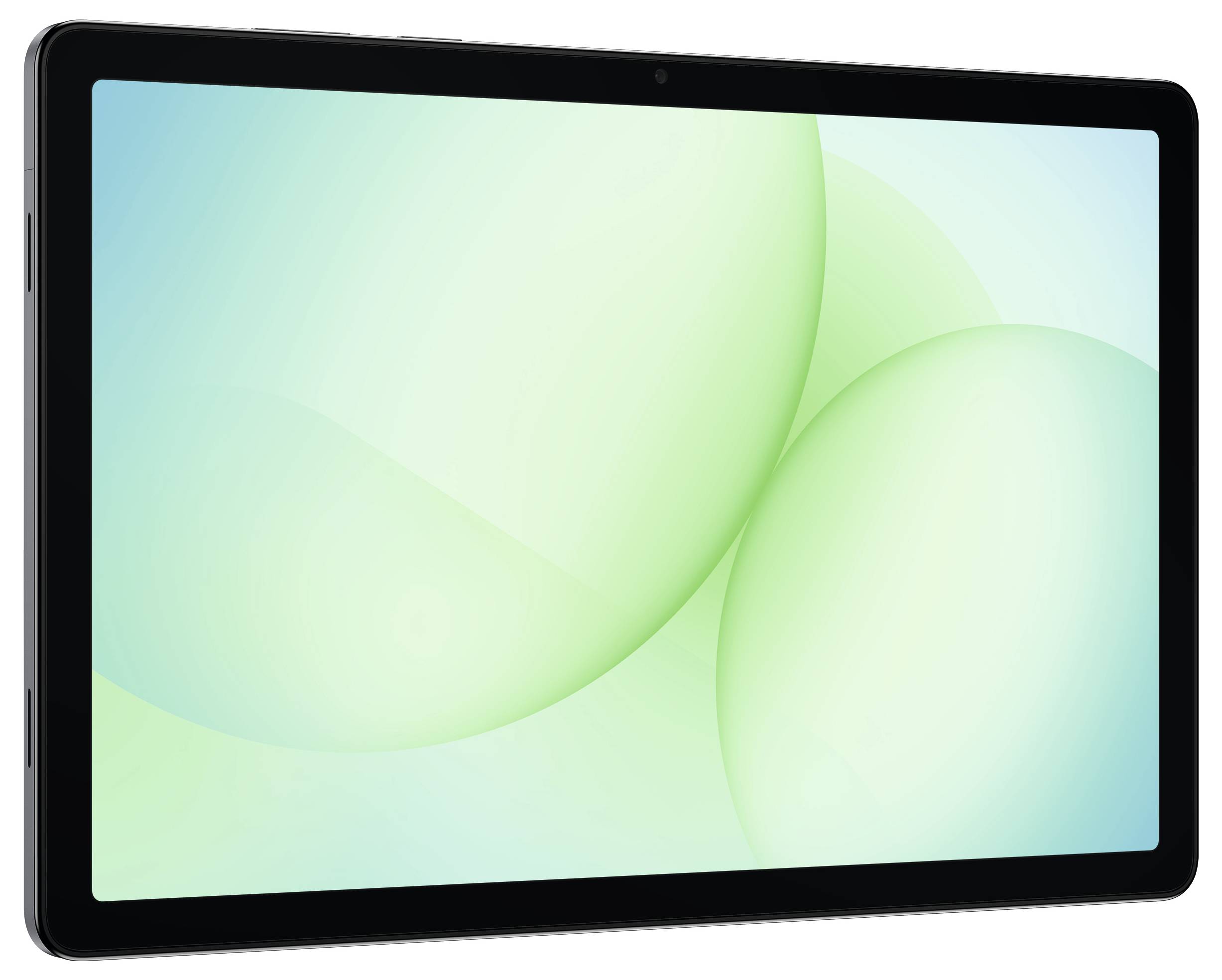 Ein Tablet, das ein grünes abstraktes Muster auf dem Bildschirm zeigt, mit sich überlappenden Kreisen und einem Verlaufeffekt.