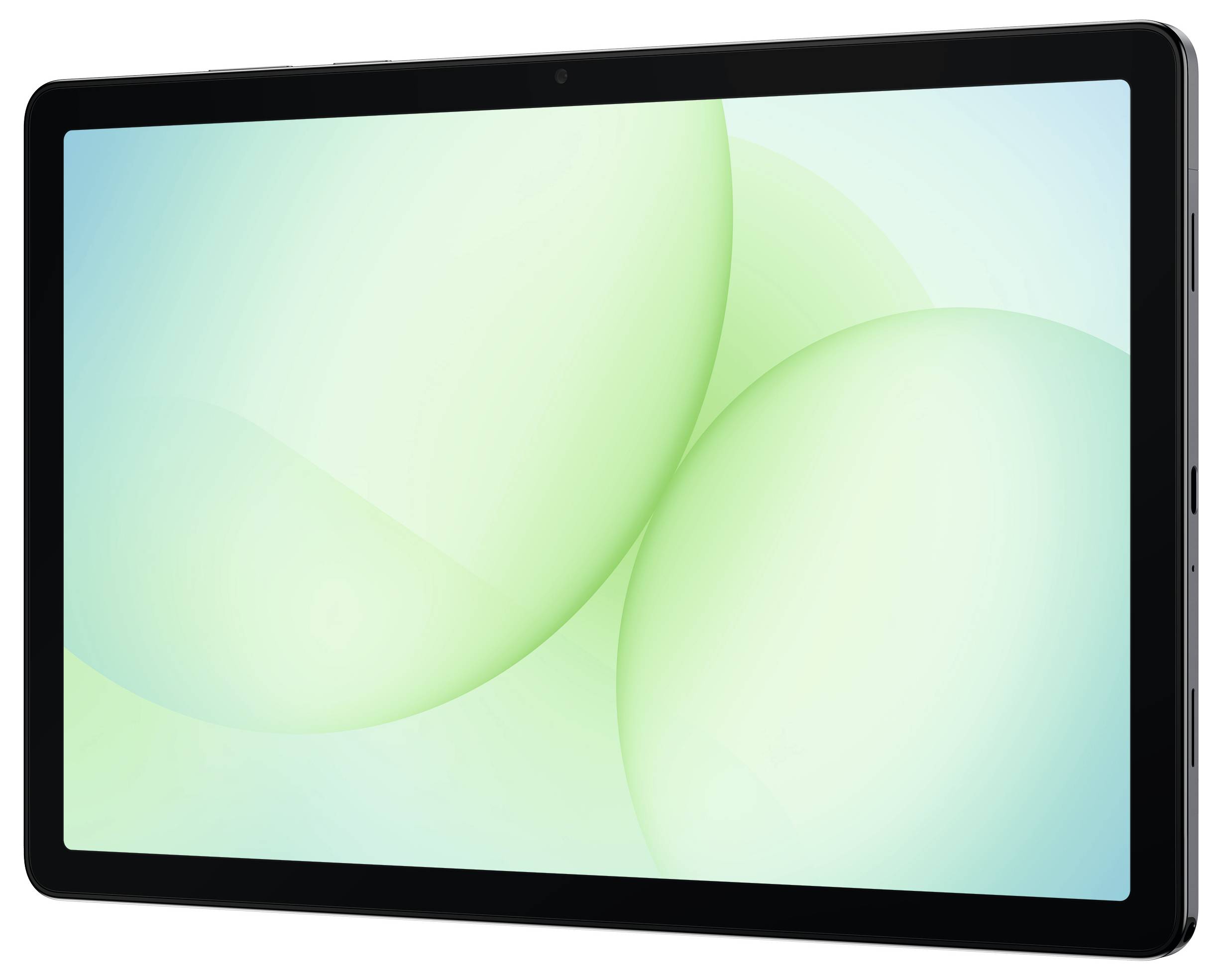 Ein Tablet mit elegantem schwarzem Design wird vor einem leuchtenden Verlaufshintergrund präsentiert und zeigt seine schmale Silhouette sowie seine moderne Ästhetik.