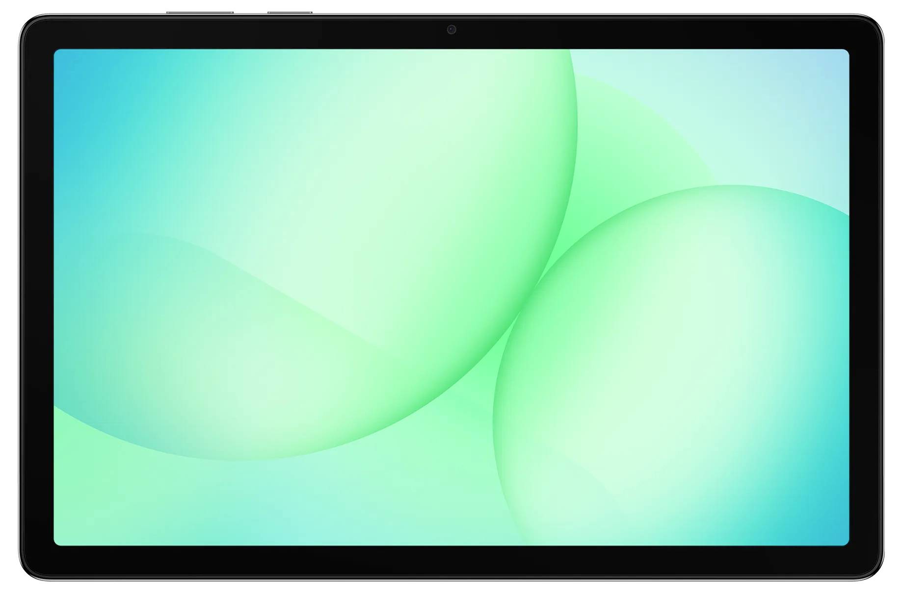 Eine Tablette, die einen lebhaften abstrakten Hintergrund mit sich überlappenden grünen und türkisfarbenen kreisförmigen Formen zeigt.