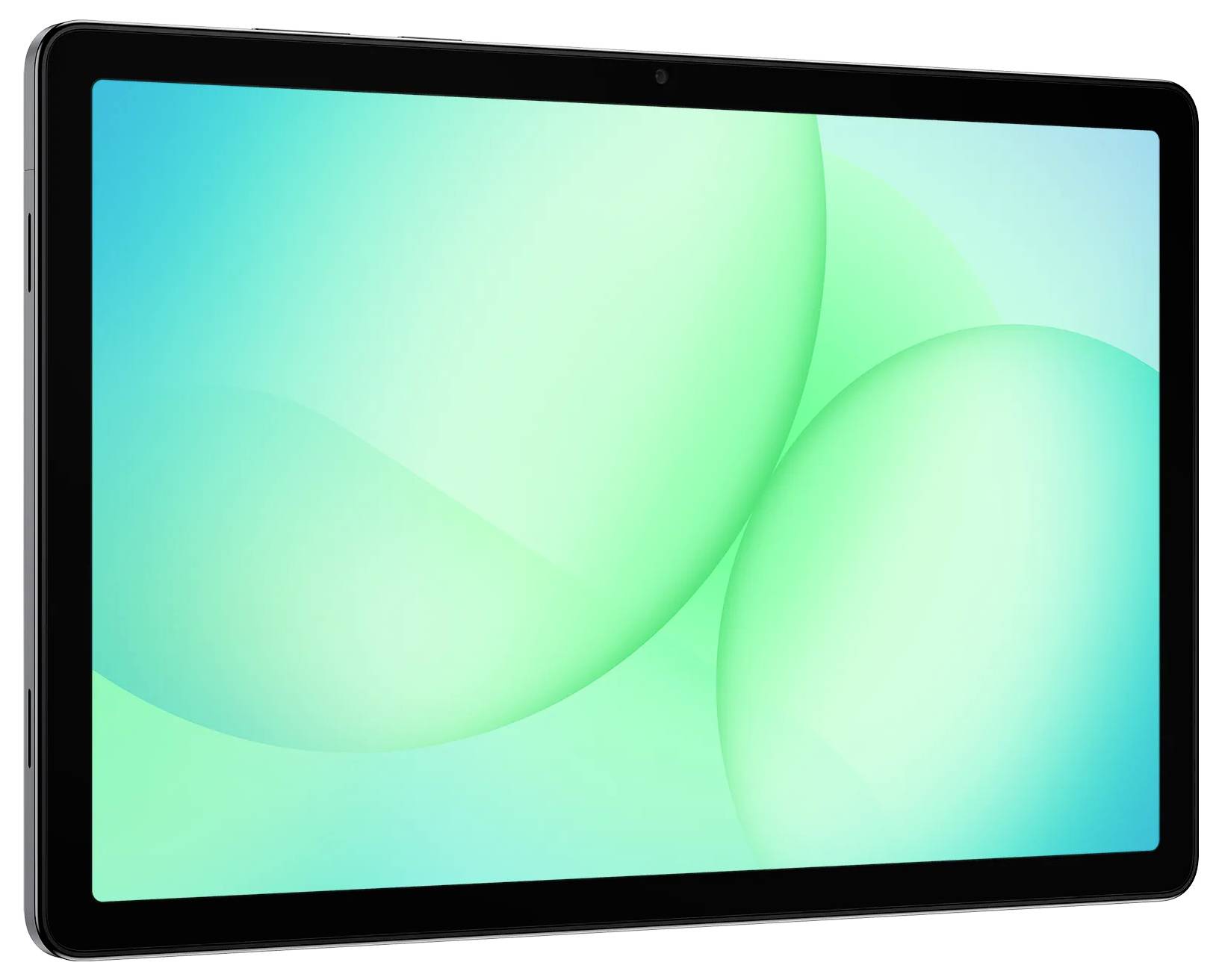 Ein schwarzes Tablet mit einem grünen Verlaufsbildschirm, auf dem möglicherweise ein Standard-Hintergrund angezeigt wird.