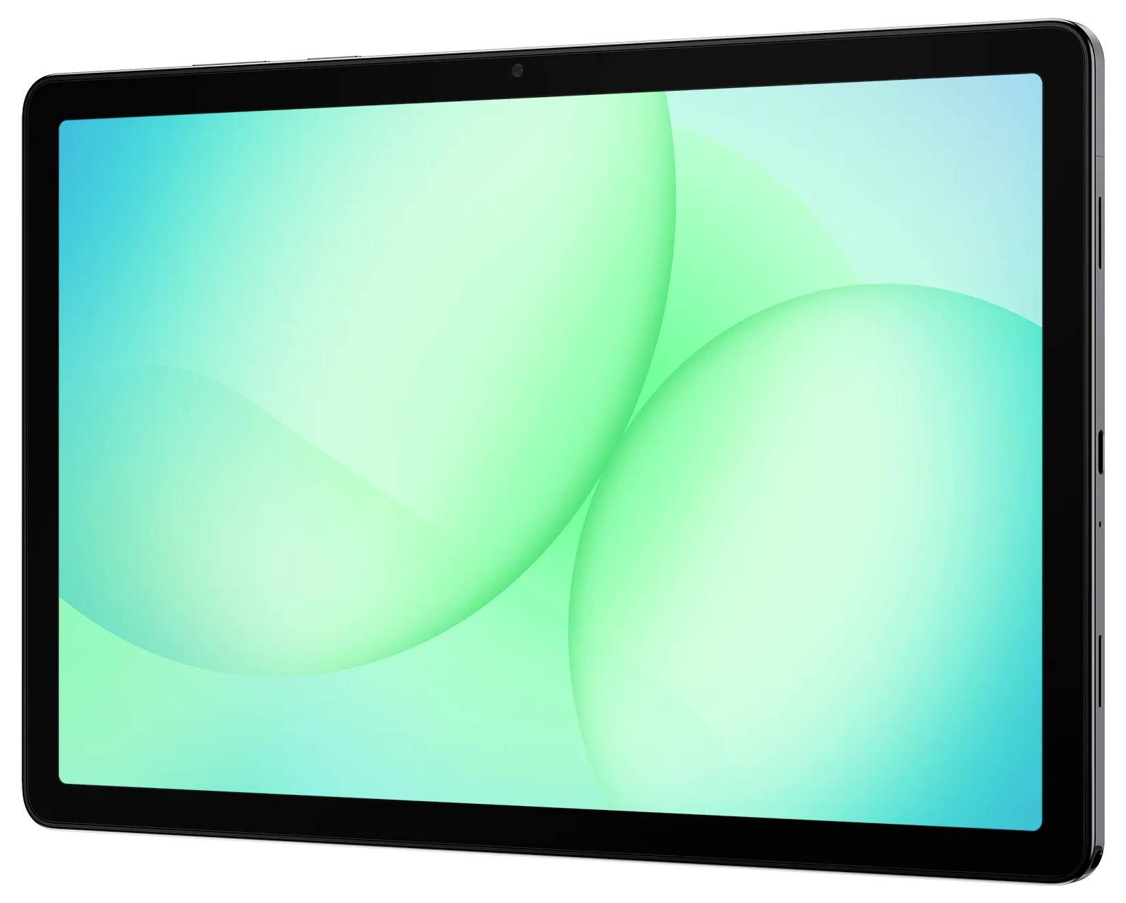 Ein schwarzes Tablet mit einem leuchtend grünen abstrakten Bildschirm, der sich überlappende Kugeln auf einem Verlaufshintergrund zeigt.