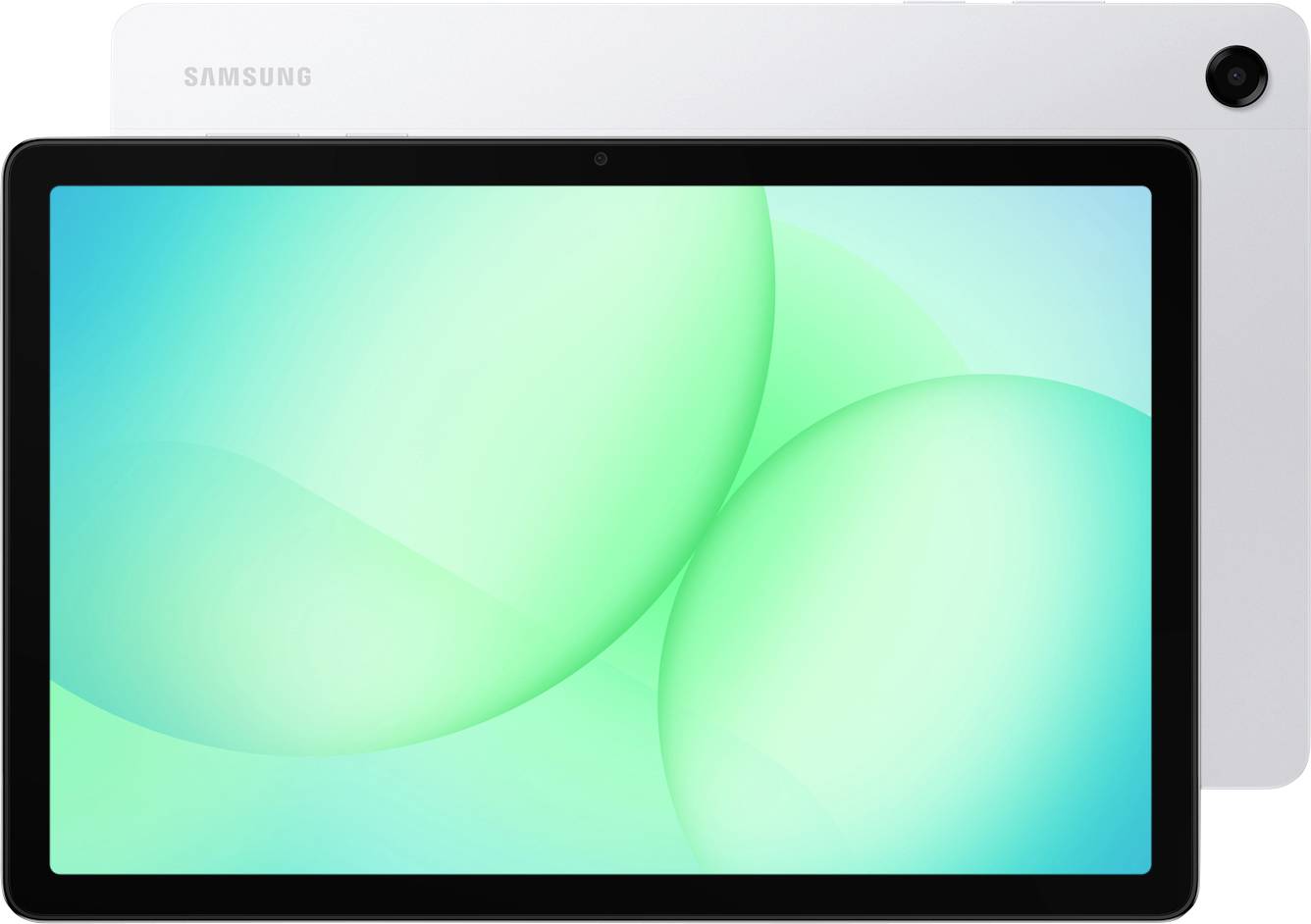 Ein Tablet mit einem schwarzen Bildschirm und weißer Rückseite, ausgestattet mit einer Rückkamera. Auf dem Bildschirm ist ein grünes abstraktes Design zu sehen. Das Markenlogo ist sichtbar.