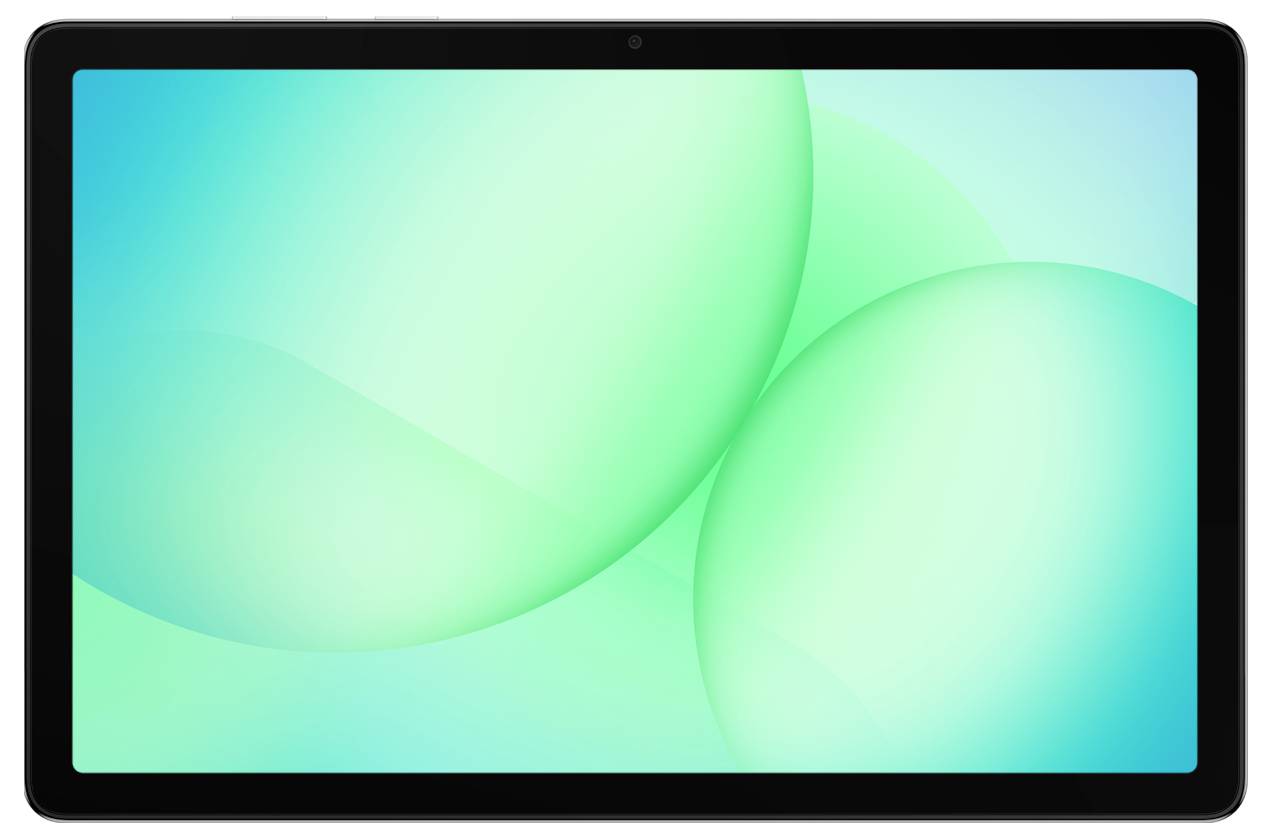 Ein Tablet mit einem schlanken schwarzen Rahmen und einer hellen, abstrakten Tapete in Petrol- und Grüntönen.