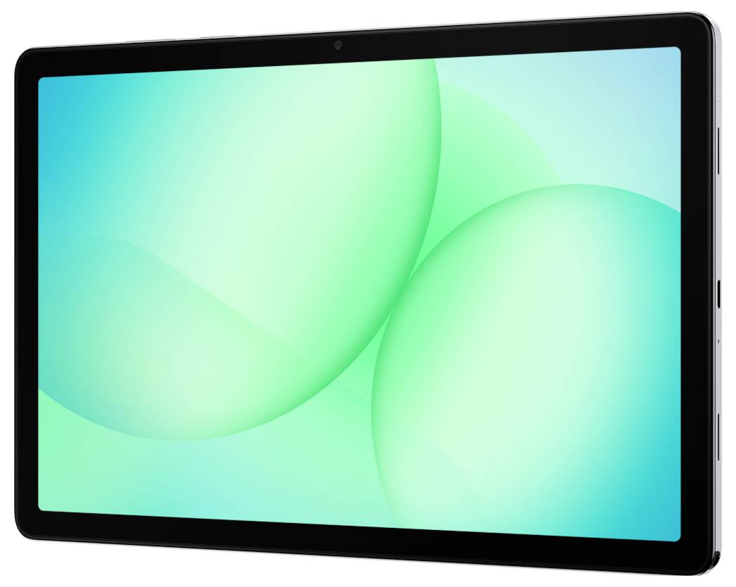 Eine schwarze Tablette mit einem hellen abstrakten grün-türkisfarbenen Hintergrund.