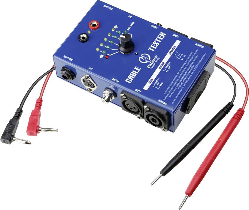 Kabeltester-Gerät mit mehreren Eingangsbuchsen, Bedienelementen und Anzeigelampen. Verbindet sich über rote und schwarze Prüfsonden zum Testen verschiedener Kabel.