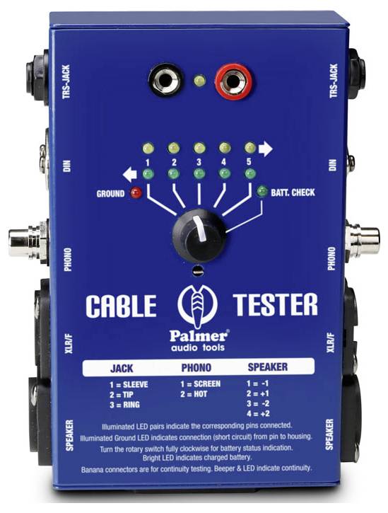 Kabel-Tester von Palmer mit mehreren Eingangsbuchsen für XLR-, Phono- und Lautsprecherkabel. Ausgestattet mit LEDs zur Anzeige des Verbindungsstatus.