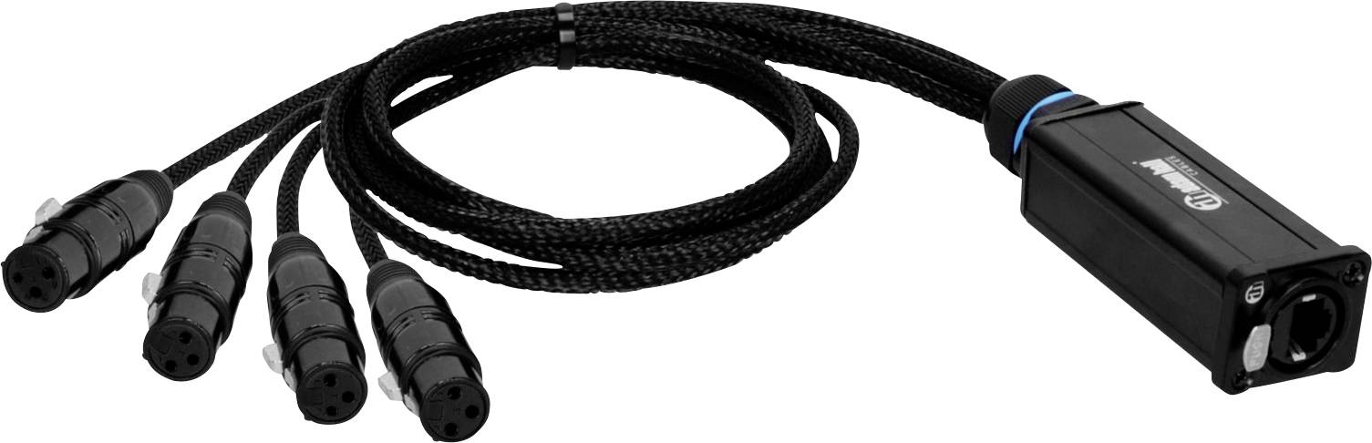 Ein schwarzes Audio-Kabelsnake mit vier XLR-Anschlüssen an einem Ende und einem einzelnen Ausgabekonnektor am anderen Ende.