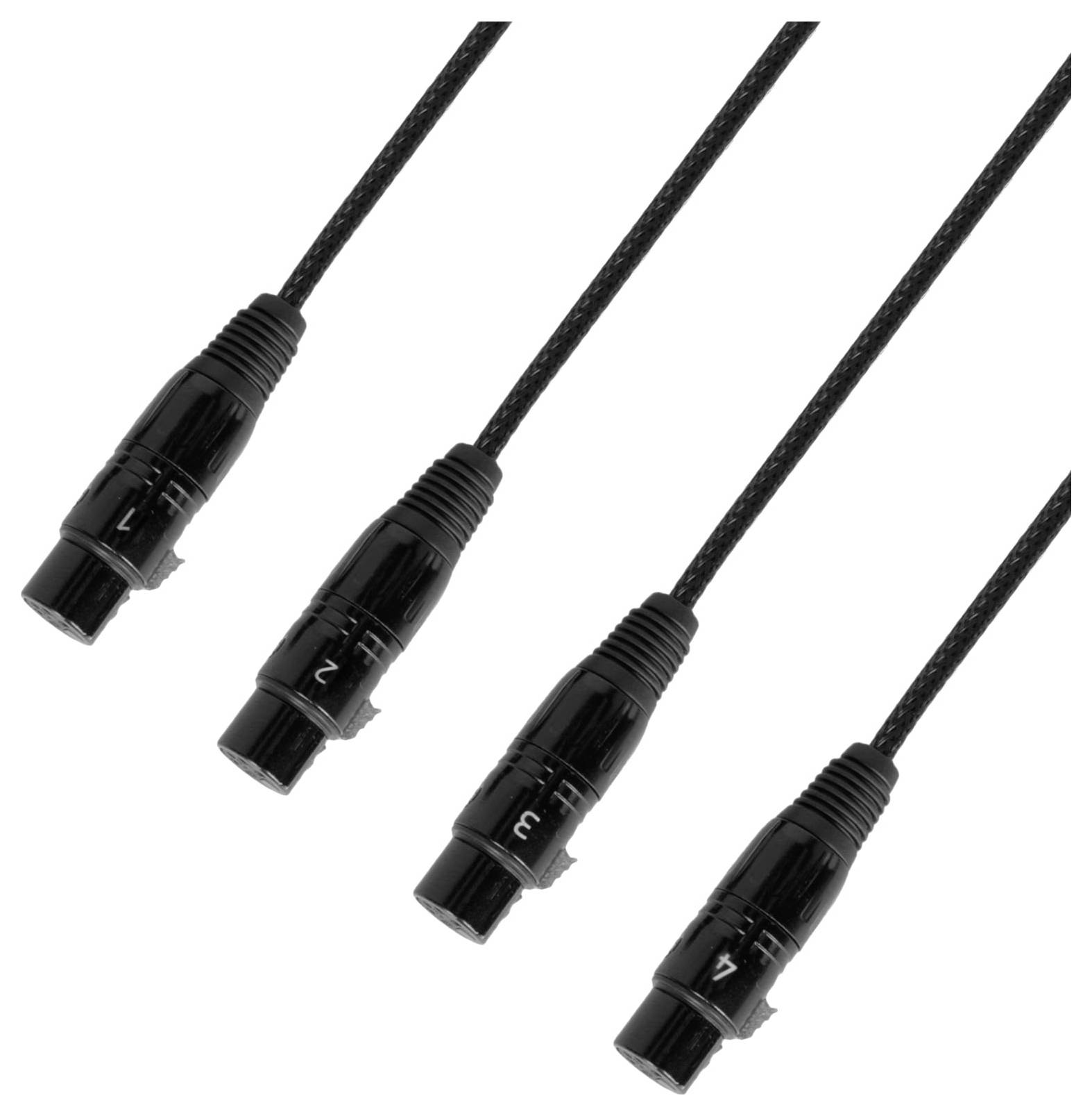 Vier schwarze XLR-Mikrofonkabel, die jeweils von 1 bis 4 auf den Anschlüssen nummeriert sind, sind vertikal vor einem weißen Hintergrund angeordnet.