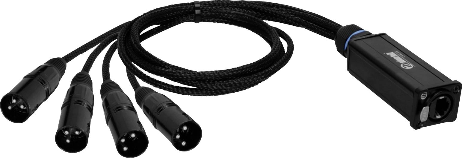 Ein schwarzes Audio-Verteilerkabel verzweigt sich von einem rechteckigen Stecker in vier kleinere Anschlüsse, die üblicherweise für professionelle Audioausrüstung verwendet werden.