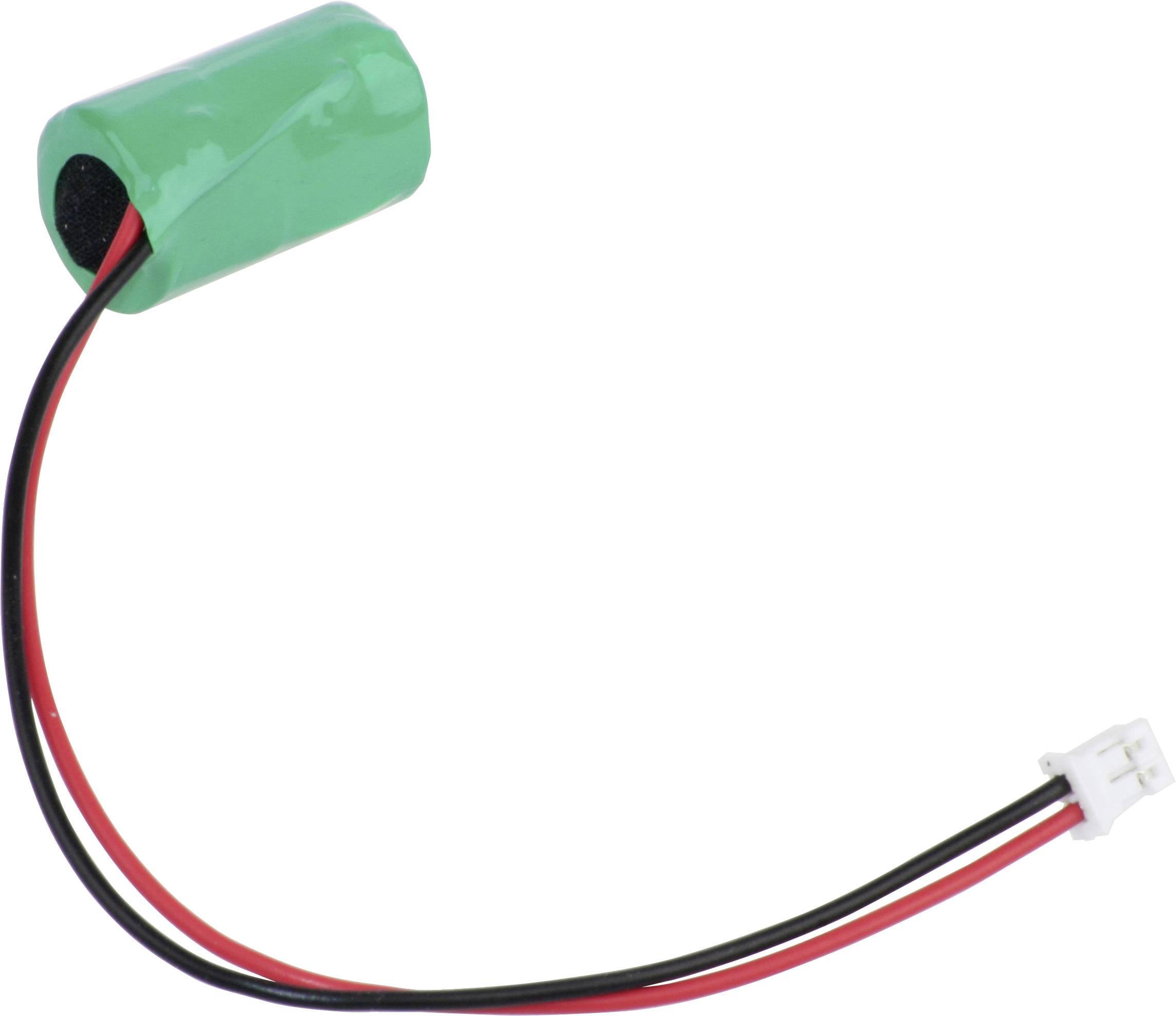 Grünes zylindrisches Batteripack mit roten und schwarzen Drähten, die in einem weißen Stecker enden