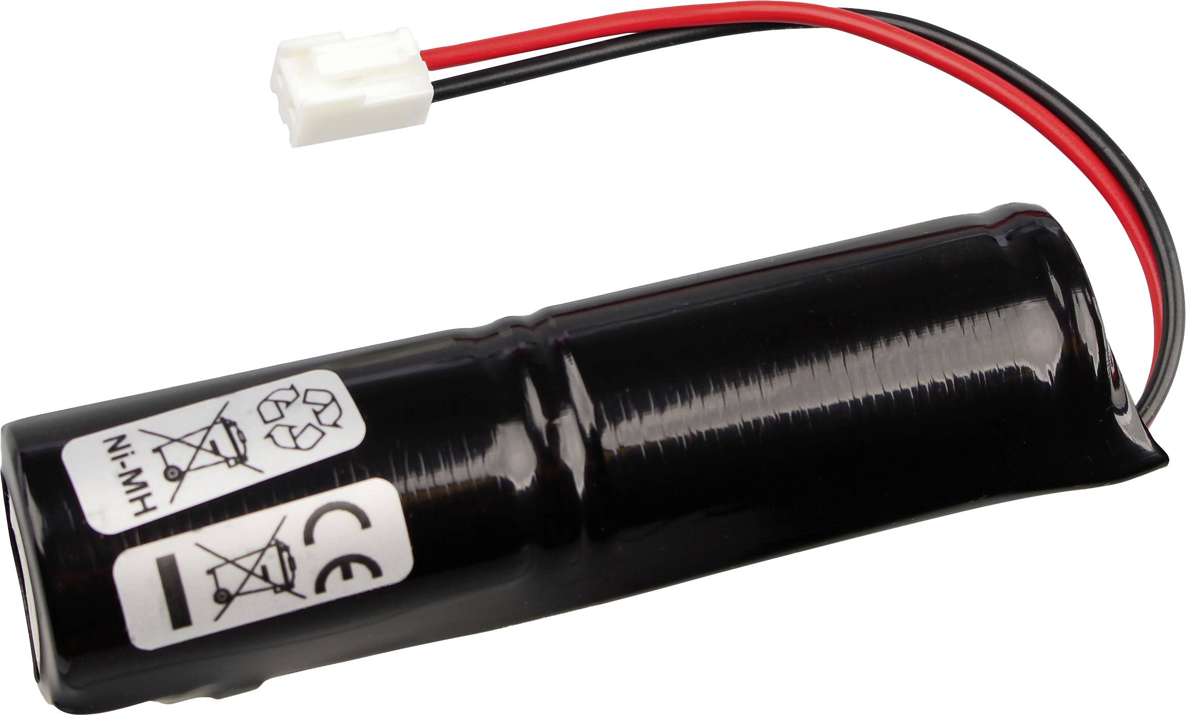 Schwarzes wiederaufladbares Batteriepack mit roten und schwarzen Kabeln, die zu einem weißen Stecker führen.