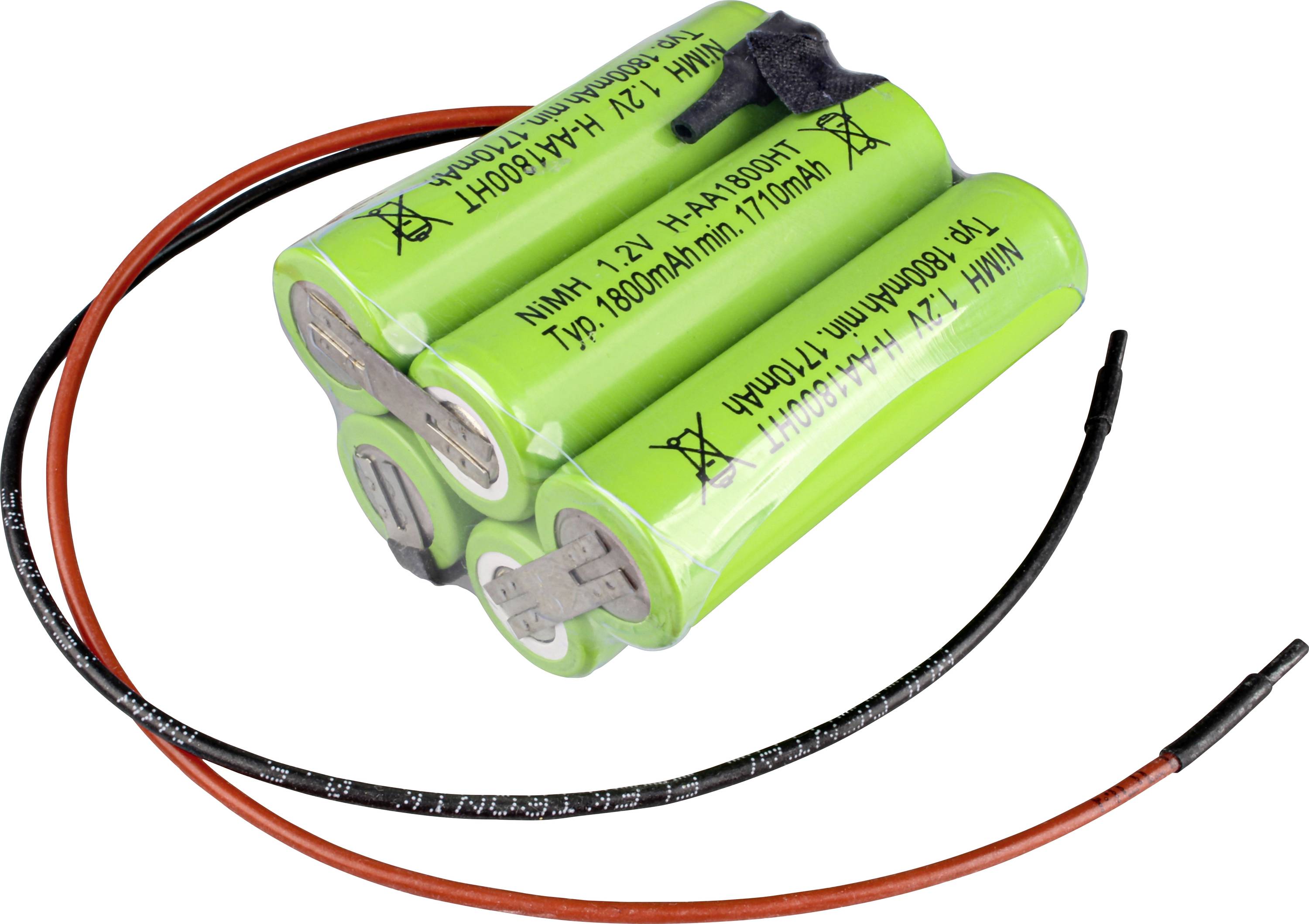 Zwei grüne zylindrische wiederaufladbare Batteriezellen zusammen mit angebrachten roten und schwarzen Drähten umwickelt.