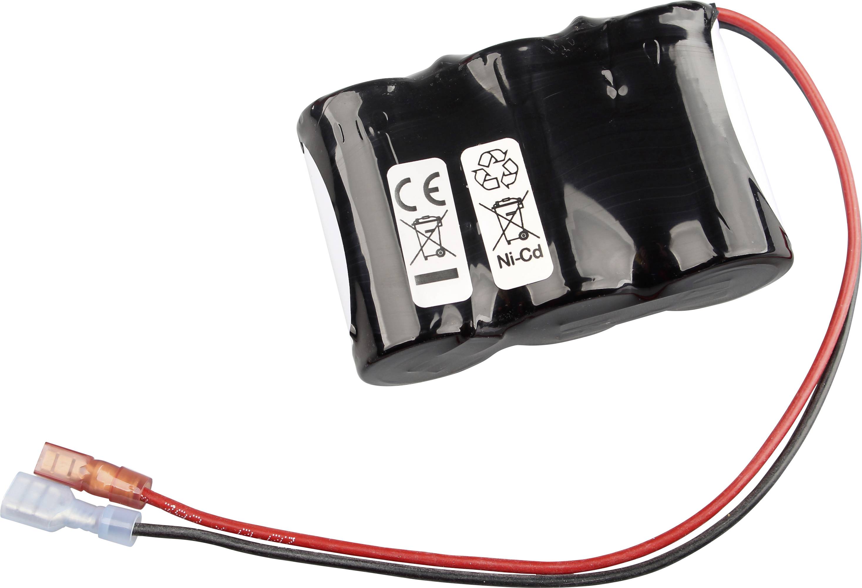 Schwarzes wiederaufladbares Batteriepaket mit roten und schwarzen Kabeln und Steckverbindungen, gekennzeichnet mit CE und Ni-Cd.