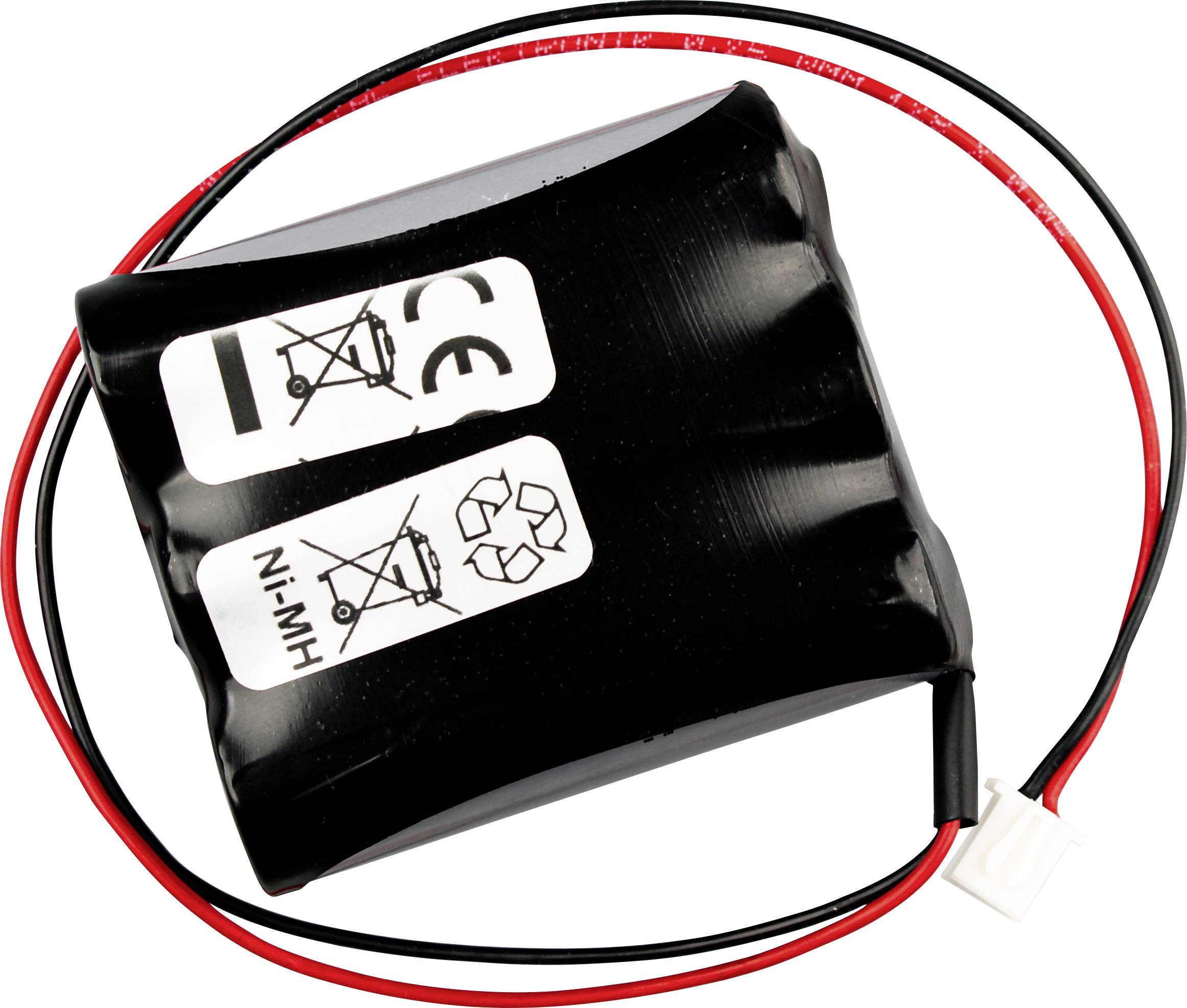 Schwarzes wiederaufladbares Akkupack mit roten und schwarzen Kabeln und einem weißen Stecker.