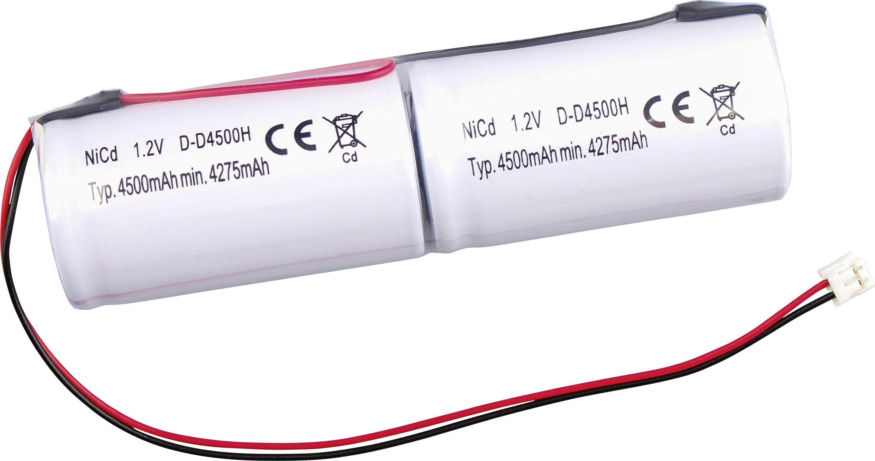 Zwei verbundene weiße NiCd-Batteriezellen mit roten und schwarzen Drähten, beschriftet mit „1,2V D-4500H