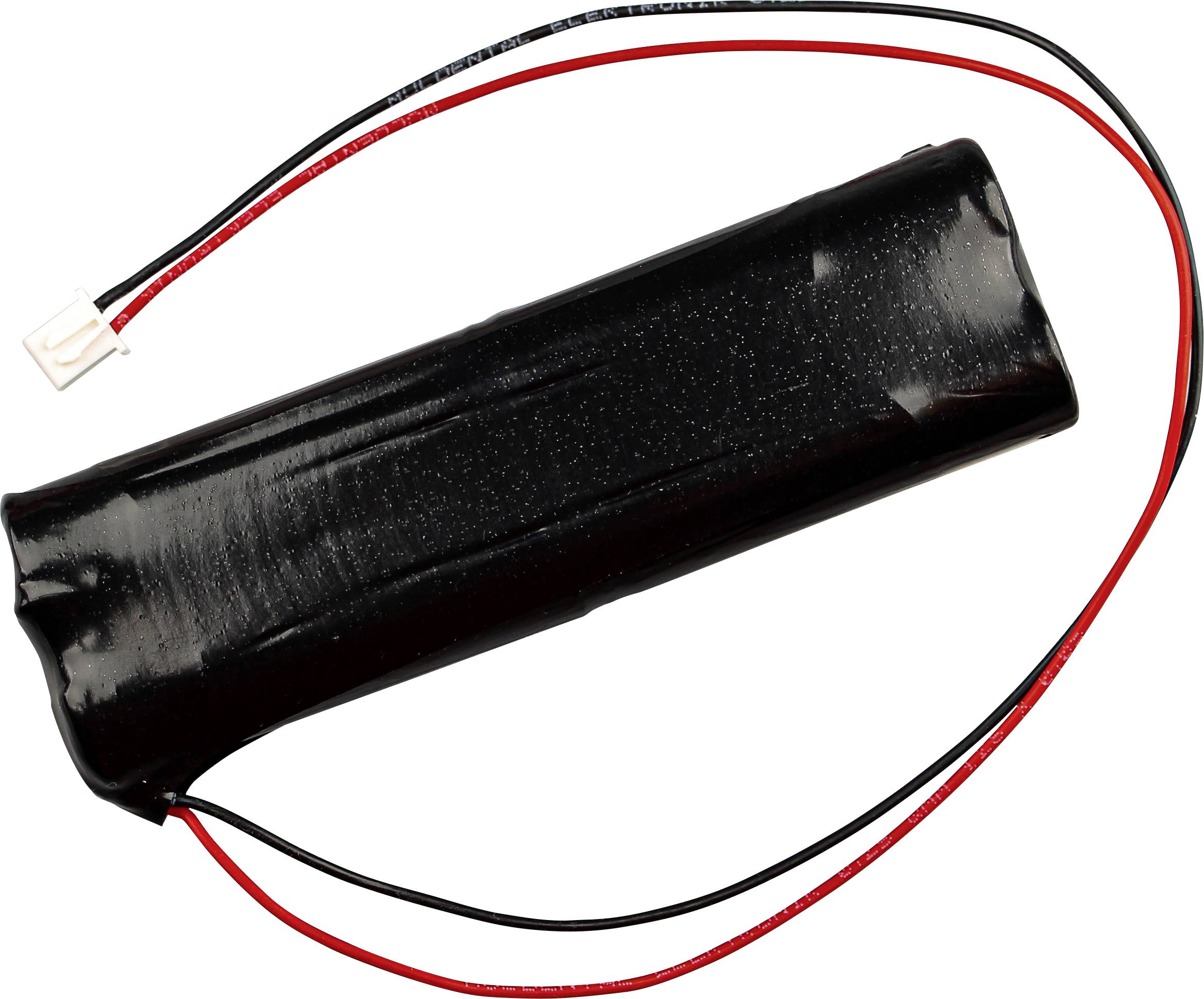 Schwarzes zylindrisches Batteriepack mit roten und schwarzen Kabeln und einem weißen Stecker auf einfachem Hintergrund.