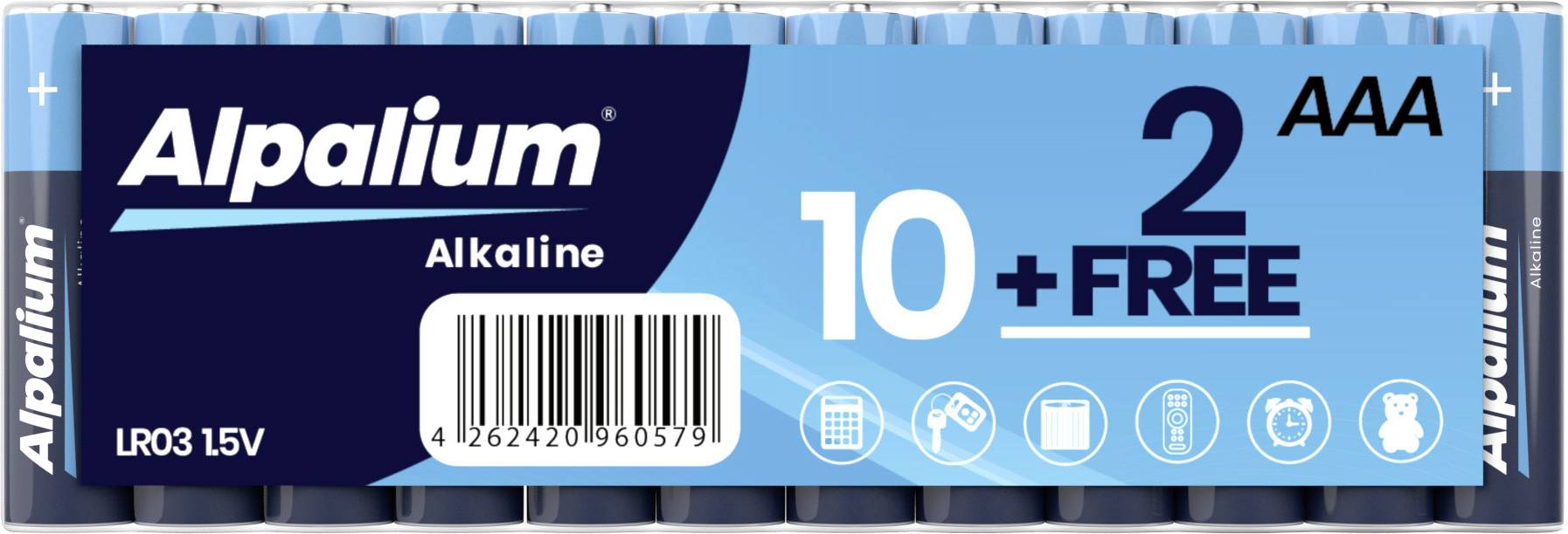 Packung mit 12 Alpalium Alkaline AAA-Batterien, 10 plus 2 kostenlos, mit Symbolen für Kamera-, Spielzeug- und Uhrennutzung.