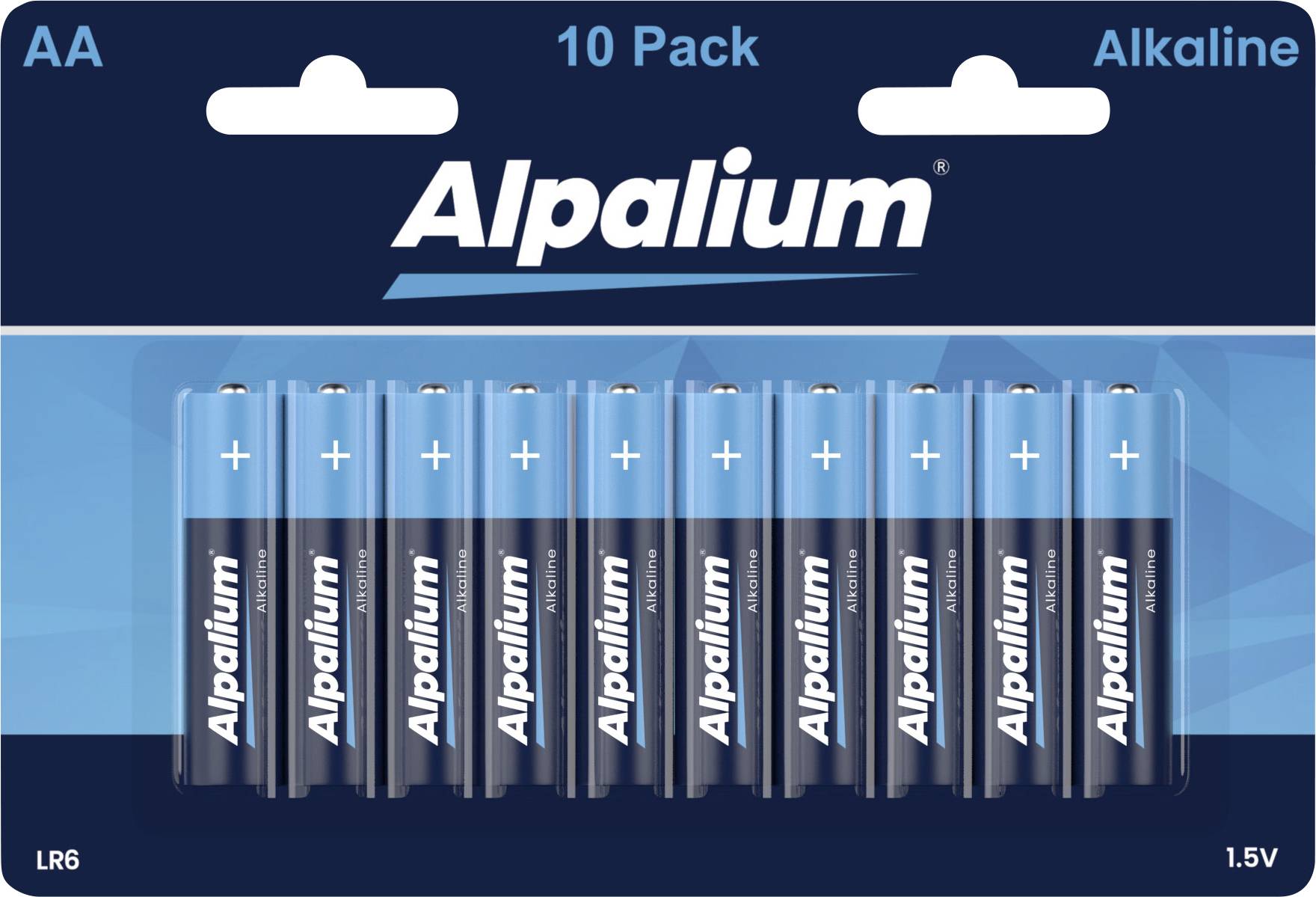 'AA Alkaline Alpalium Batteries, 10 Pack, 1.5V, Model LR6'. Batteries arranged in two rows of five on blue packaging.