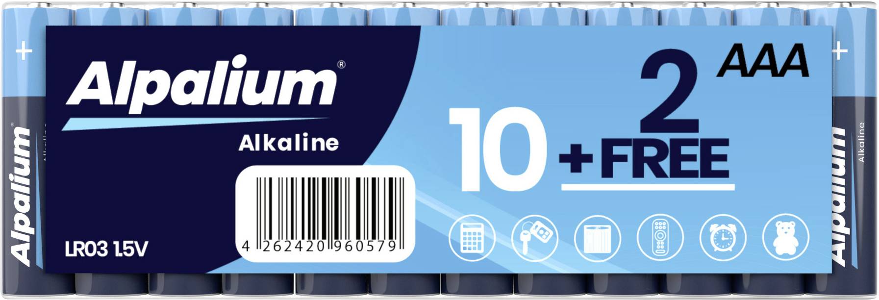Alpalium Alkaline AAA-Batterien, 10er Packung plus 2 kostenlos. LR03 1,5V. Enthält Symbole für verschiedene elektronische Geräte.