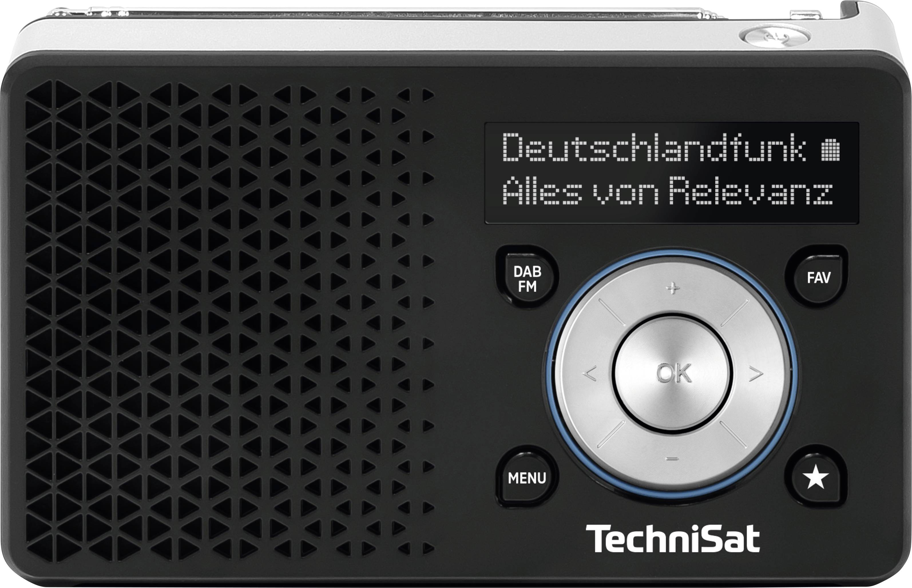Ein kompaktes Digitalradio mit dem Display 'Deutschlandfunk - Alles von Relevanz', ausgestattet mit Tasten und einem zentralen Bedienungsdrehregler.