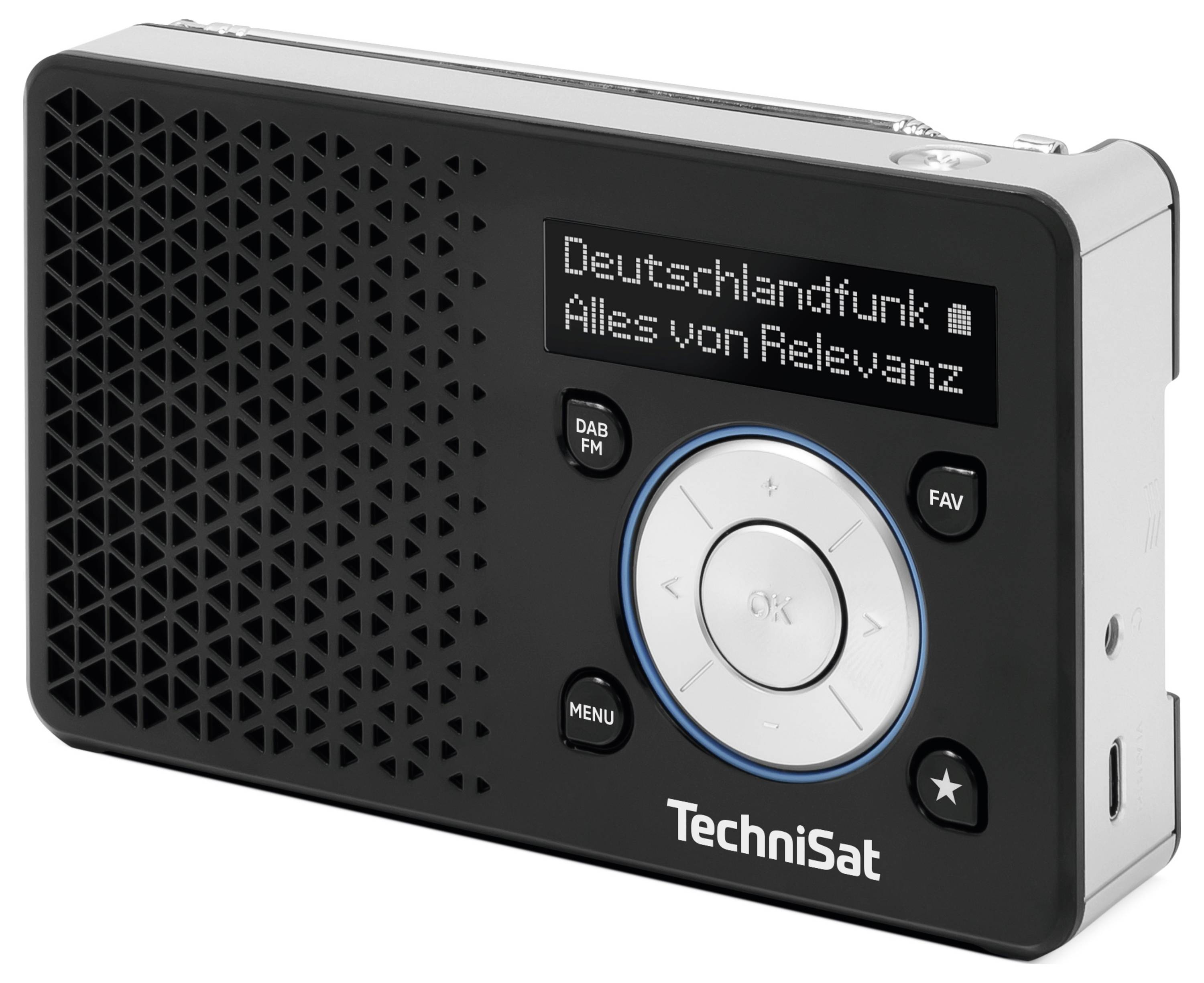 Ein tragbares Digitalradio mit Lautsprechergitter auf der linken Seite, das auf seinem Display 'Deutschlandfunk Alles von Relevanz' anzeigt.