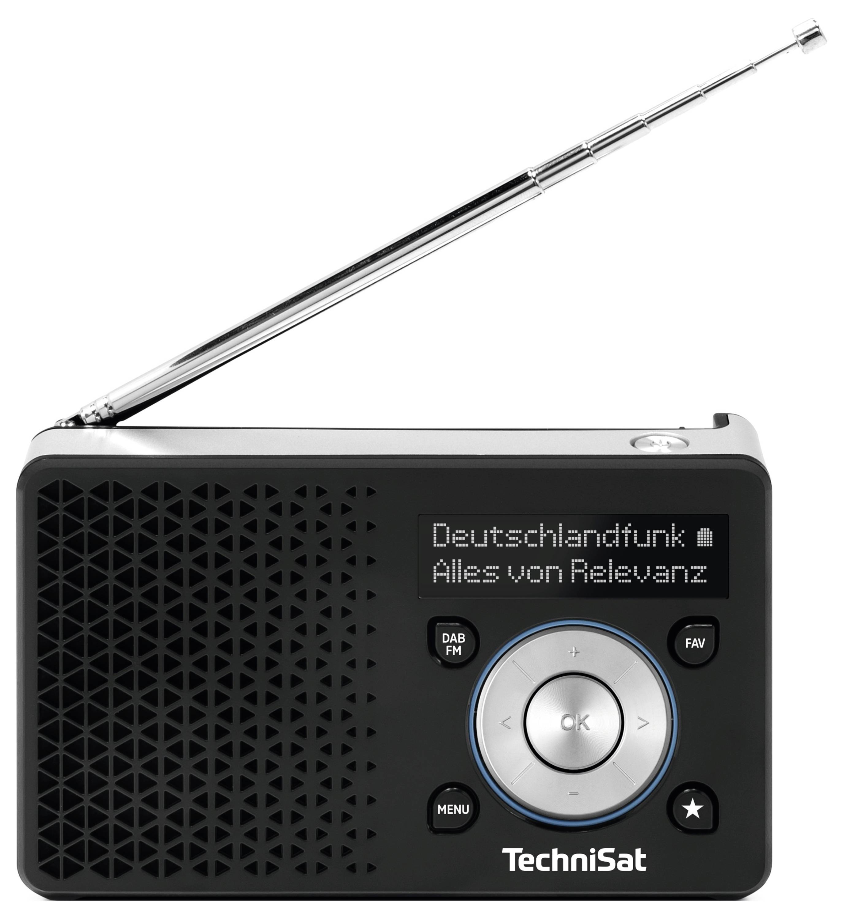 Ein schwarzes tragbares Radio mit einer langen, ausgefahrenen Antenne. Das Display zeigt 'Deutschlandfunk Alles von Relevanz'. Das Radio verfügt über Bedienungstasten.