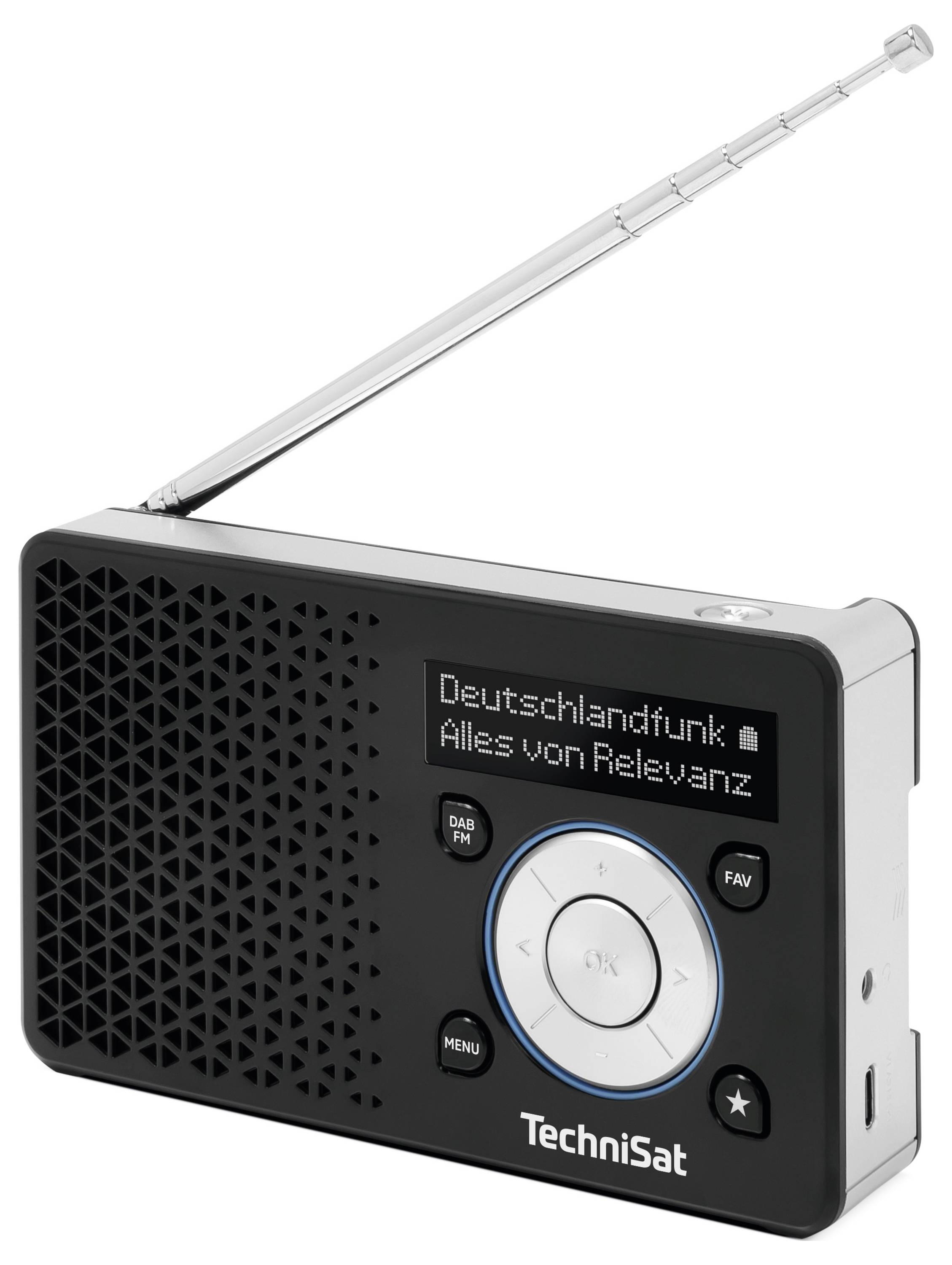 Ein schwarzes tragbares Radio mit ausziehbarer Antenne zeigt auf seinem Display den Text 'Deutschlandfunk - Alles von Relevanz'.