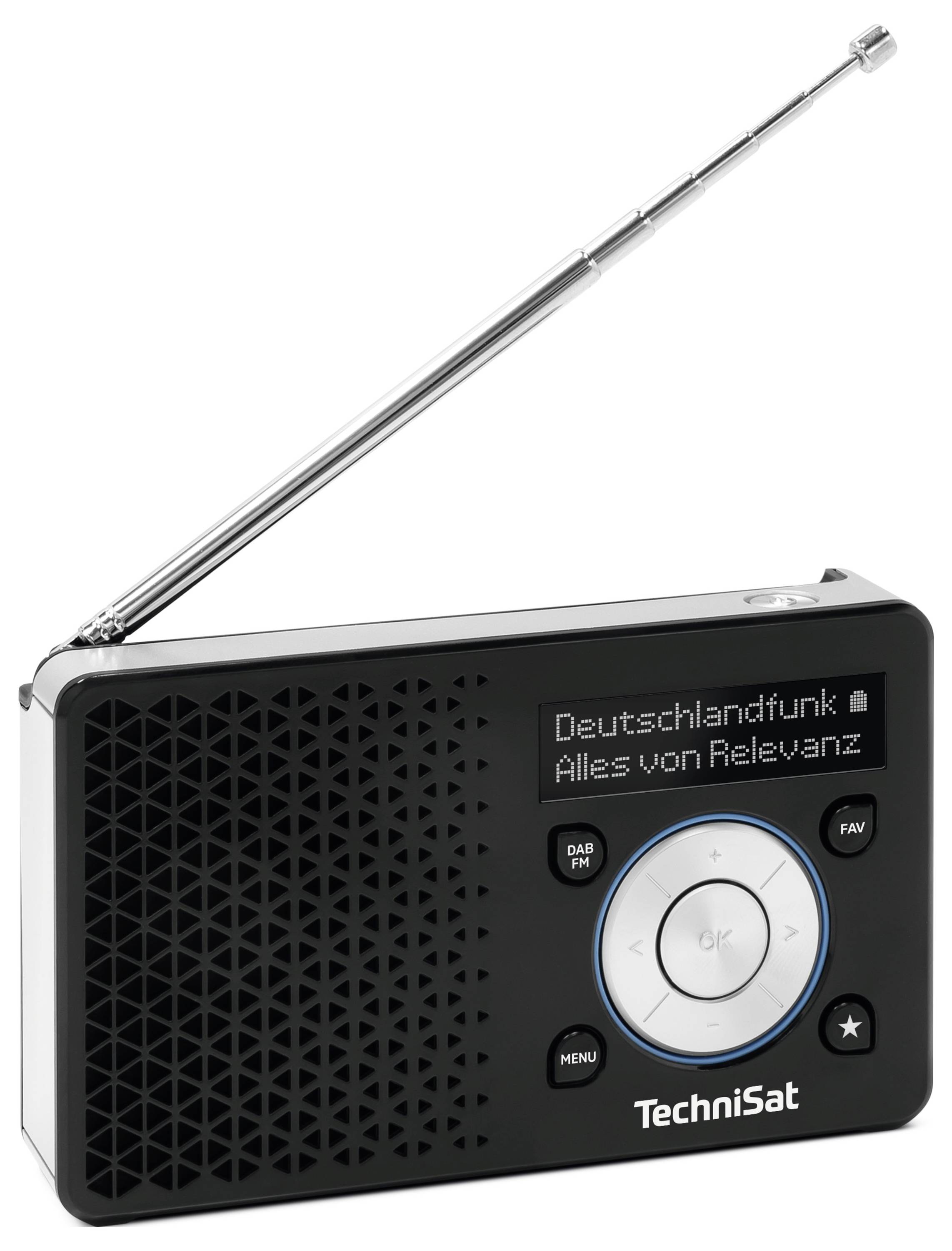 Ein schwarzes tragbares Radio mit ausziehbarer Antenne. Der Bildschirm zeigt 'Deutschlandfunk Alles von Relevanz.' Tasten umfassen Ein/Aus, Menü und Navigation.