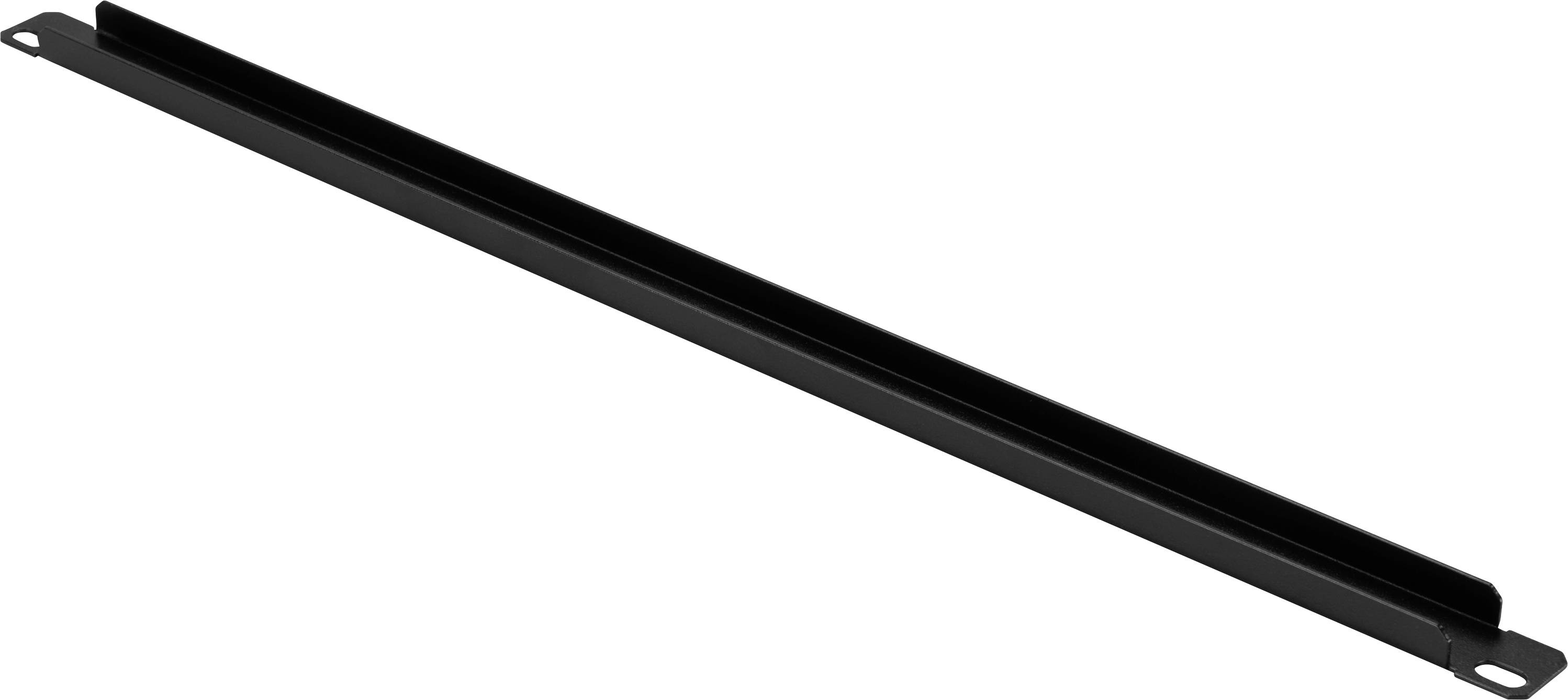 Schwarze Metallmontageschiene oder Halterungswinkel mit geschlitztem Ende, dargestellt auf weißem Hintergrund.