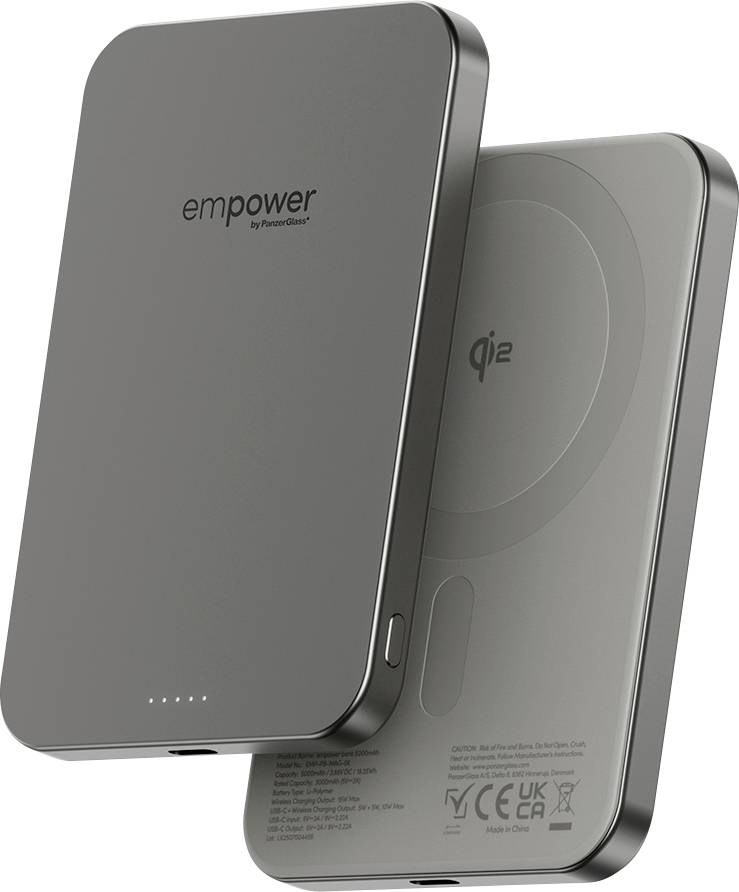 Duale kabellose Ladepads in elegantem, metallic-grauem Design, mit 'Empower'-Branding. Ideal zum gleichzeitigen Laden von Geräten.