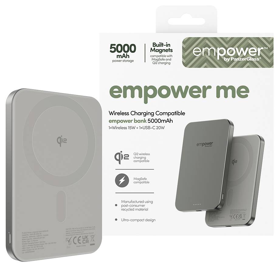 'Empower me' 5000mAh drahtlose Powerbank mit integrierten Magneten, 15W drahtlosem Laden, 1 USB-C, ultracompaktes Design.