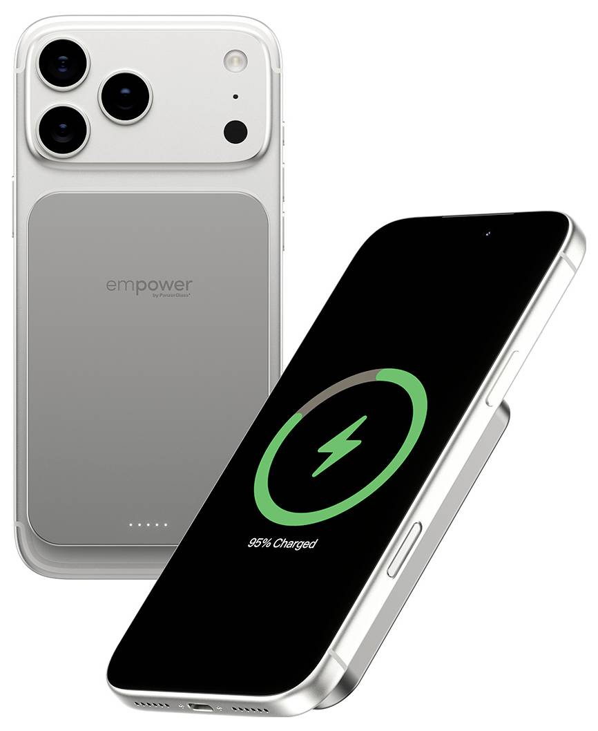 Ein Smartphone, das drahtlos auf einem elegantem Ladegerät aufgeladen wird. Der Bildschirm des Handys zeigt '95% Geladen' mit einem grünen kreisförmigen Ladeicon.