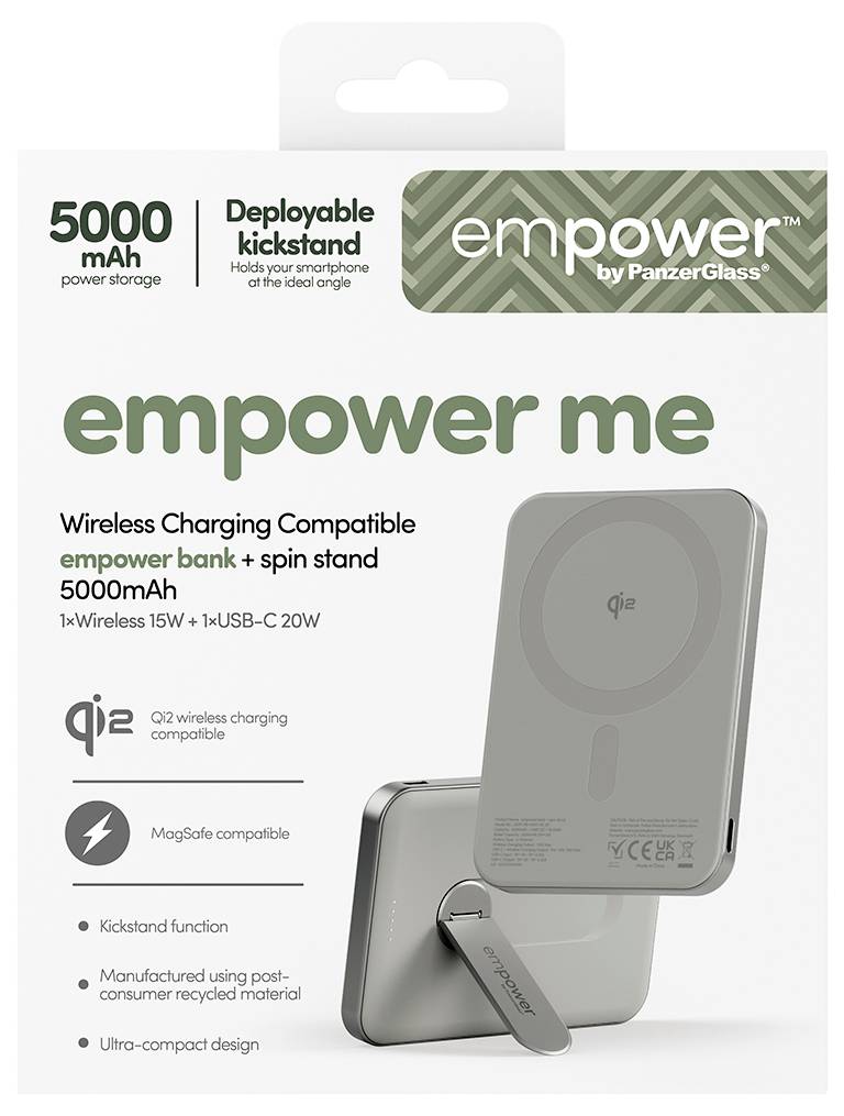 Verpackung für 'empower me' Wireless-Charging Powerbank, 5000mAh, mit ausklappbarem Ständer. Enthält 1x Wireless 15W, 1x USB-C 20W. MagSafe kompatibel.