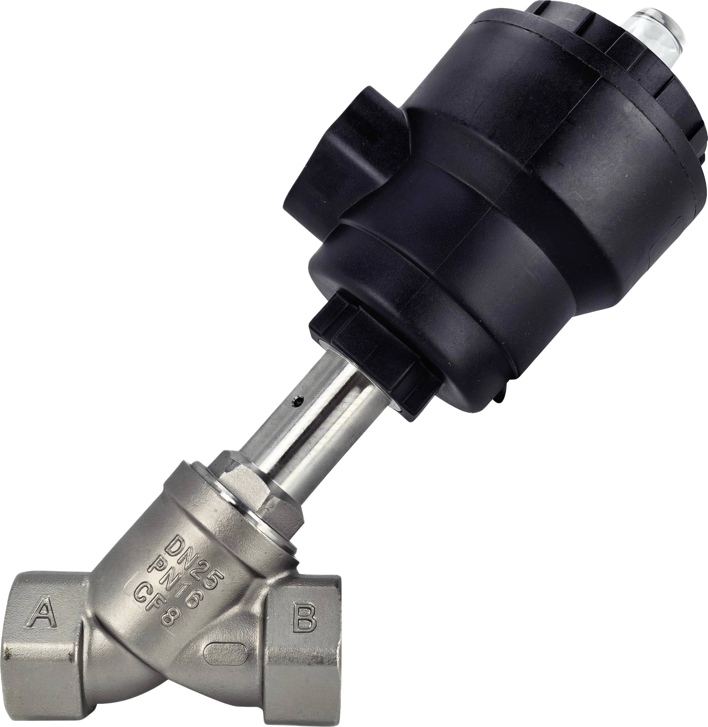 Ein Metallwinkelventil mit schwarzem Aktuator, mit der Bezeichnung „DN25 PN16 CF8