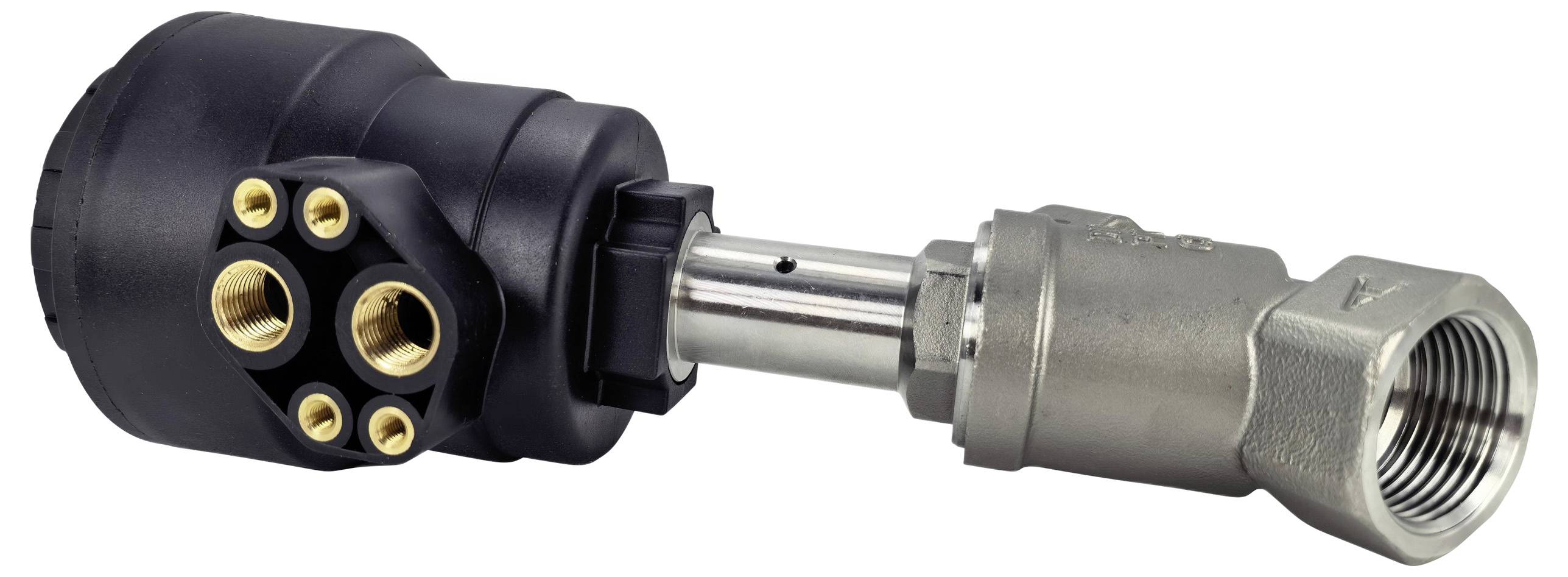 Ein schwarzer und silberner industrieller Ventilstellantrieb mit mehreren Messingverbindungspunkten, entwickelt zur Steuerung des Flüssigkeitsflusses in Maschinen.