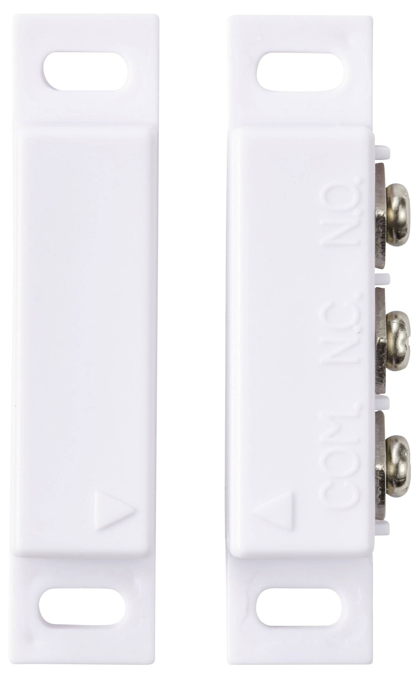 Zwei weiße magnetische Türsensoren, einer mit sichtbaren Schraubklemmen mit den Bezeichnungen 'COM', 'NC', 'NO', verwendet für Sicherheitssysteme.