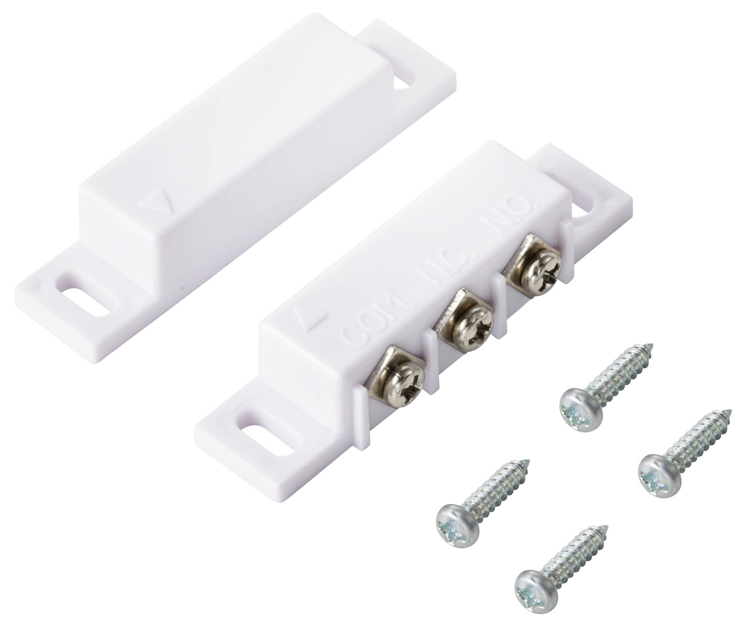 Weißer magnetischer Türsensor mit sichtbaren Anschllussklemmen, einschließlich vier Schrauben für die Installation.