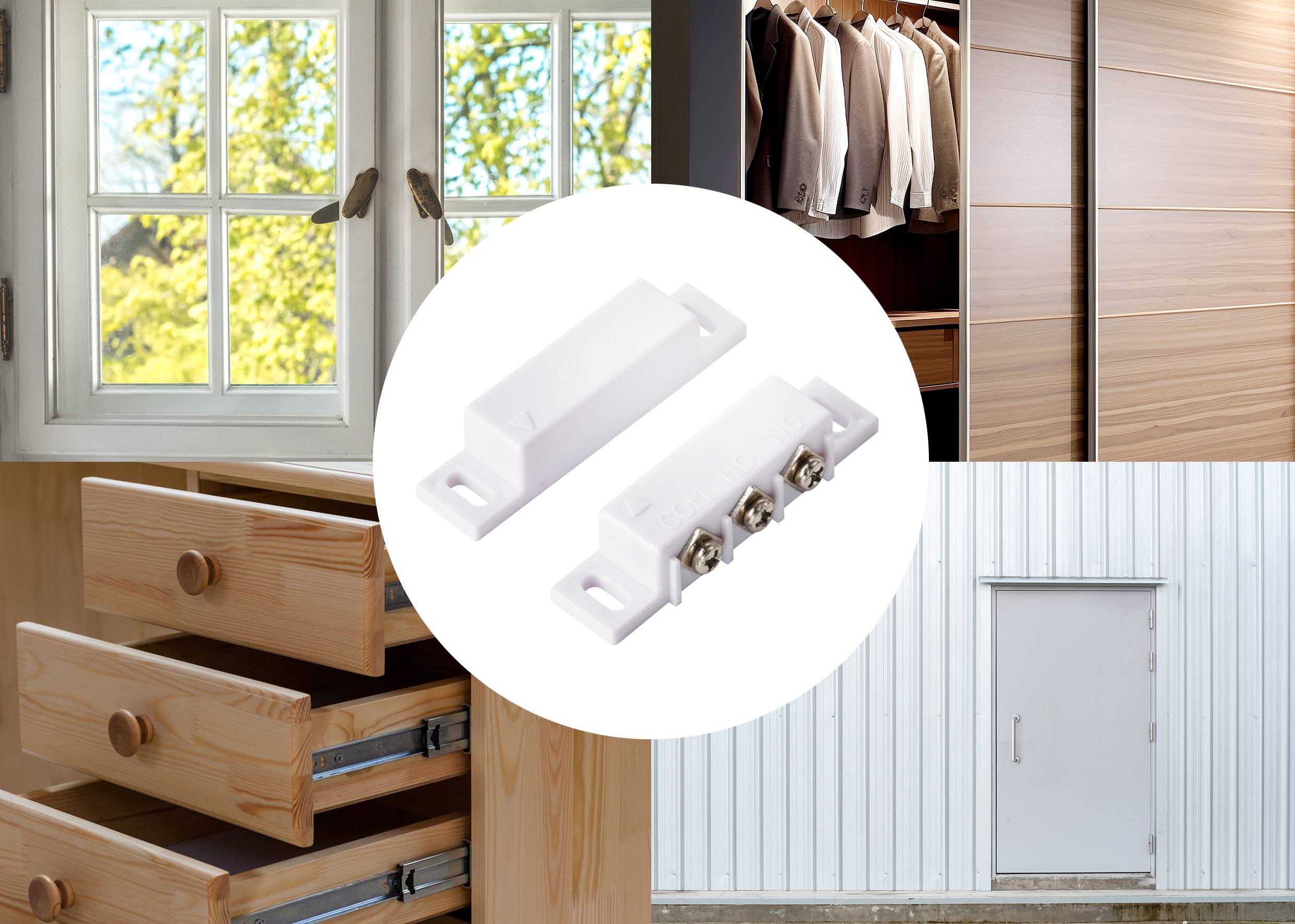 Eine Sammlung von Bildern zeigt ein offenes Fenster, Holzschubladen, ein Kleiderständer, eine geschlossene Tür und eine Nahaufnahme von Sicherheitssensoren.