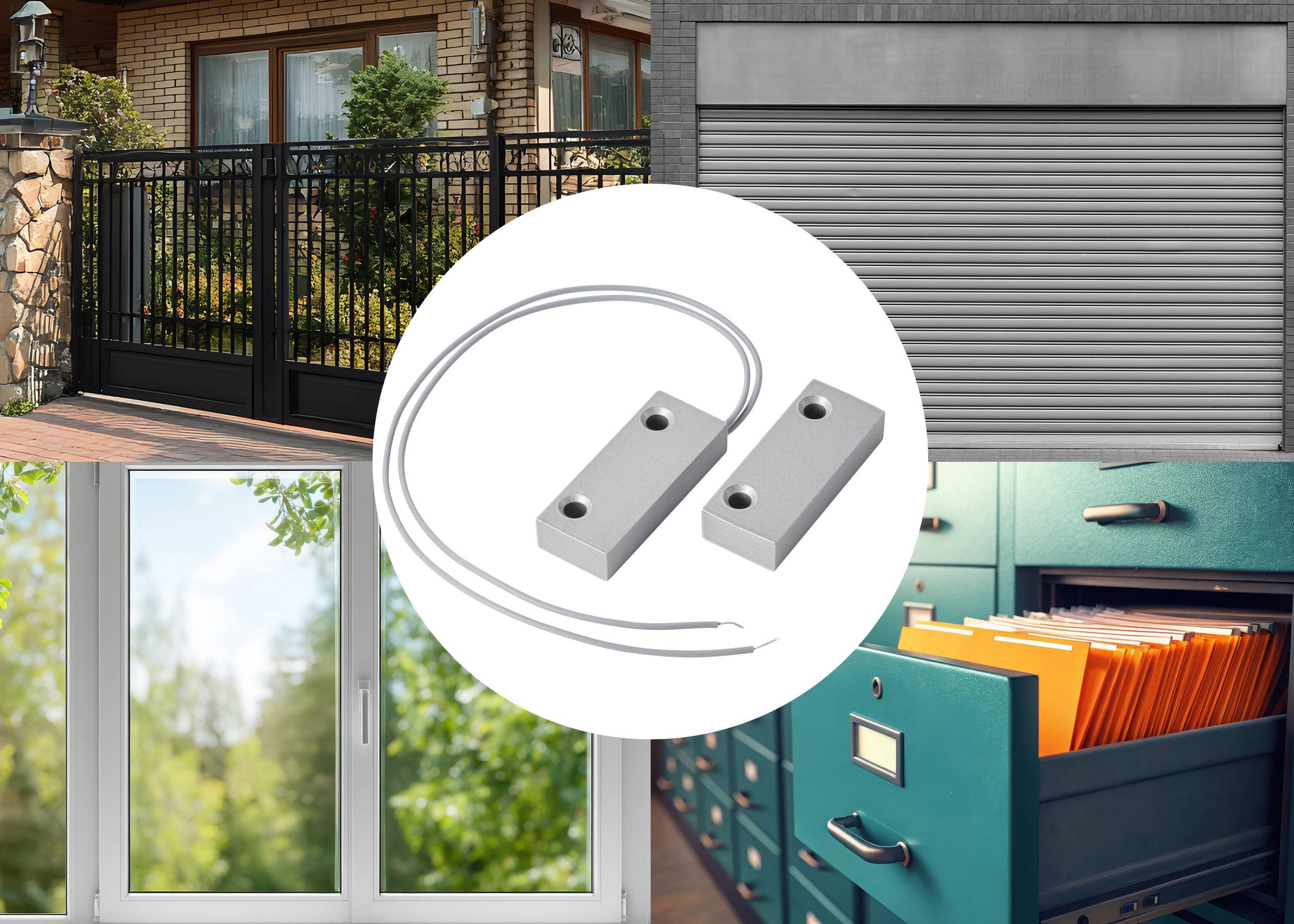 Eine Collage, die einen Sicherheitssensor in der Mitte zeigt, umgeben von Bildern eines Tores, einer Garagentür, einer Glasschiebetür und eines Aktenschranks.