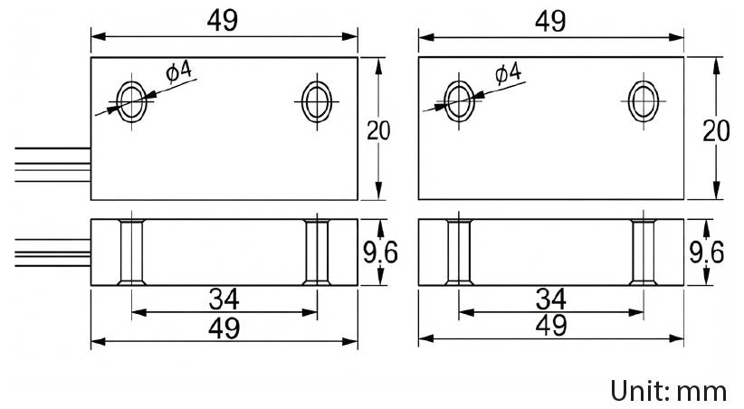 Technisches Diagramm einer rechteckigen Komponente mit den Abmessungen: 49 mm Länge, 20 mm Breite, 9,6 mm Höhe. Zwei Montagelöcher, Durchmesser 4 mm.
