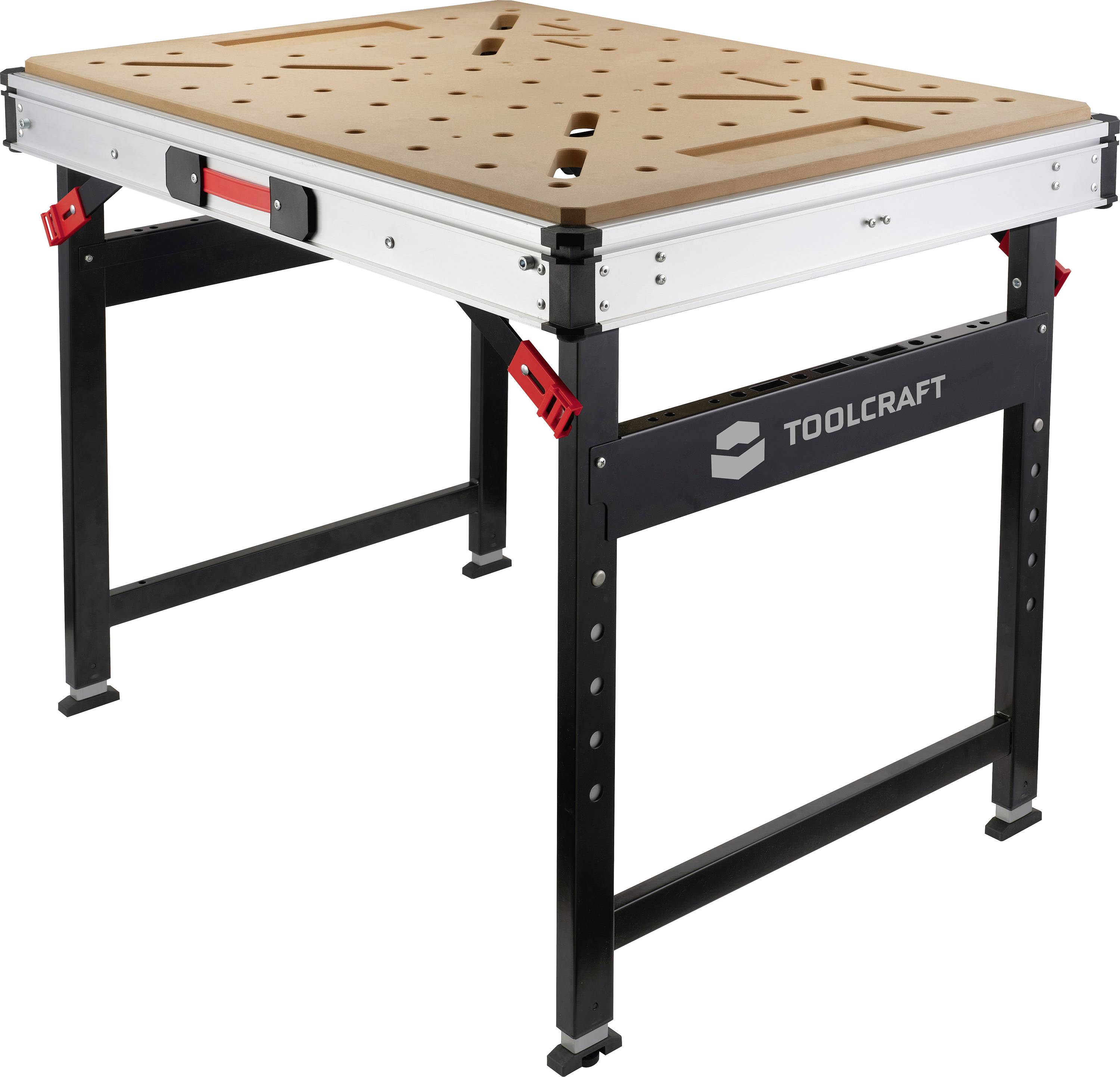 Toolcraft verstellbare Werkbank mit perforierter Holzplatte, Metallrahmen und roten Spannhebeln, dargestellt auf weißem Hintergrund.