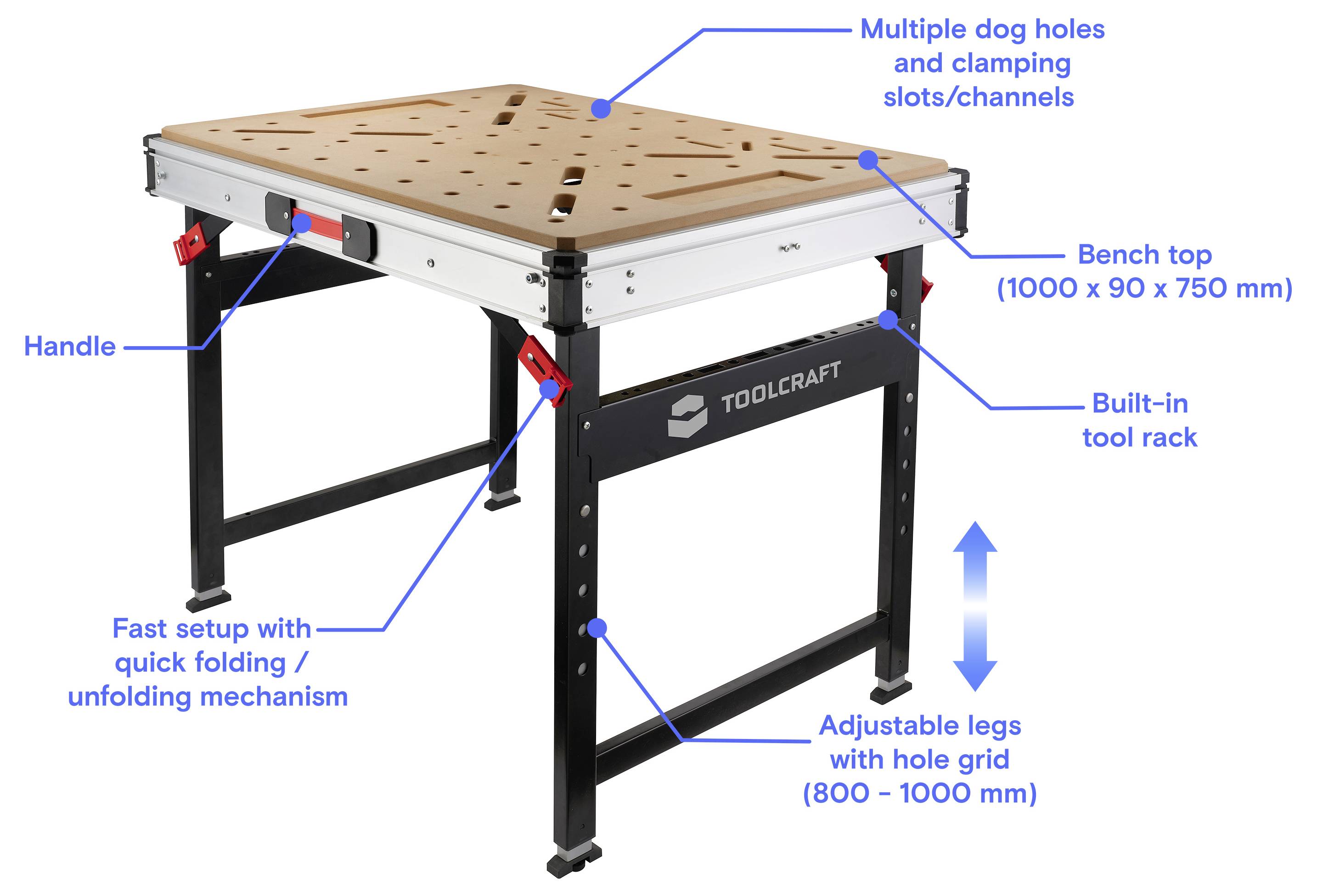 Klappbare TOOLCRAFT Werkbank mit gelochter Arbeitsfläche, integrierter Werkzeugleiste, Griff, schneller Faltmechanismus und verstellbaren Beinen mit Lochgitter für eine Höhe von 800–1000 mm.