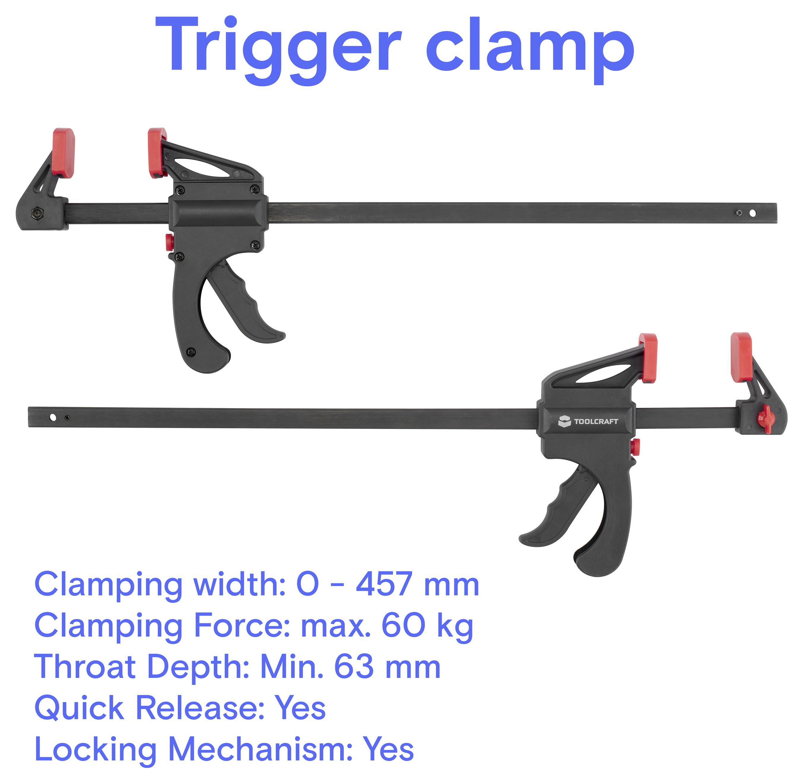 Produktbild einer Spannzwinge mit zwei Ansichten, das eine Spannweite von 0–457 mm, maximale Spannkraft von 60 kg, Backenöffnung von 63 mm, Schnellfreigabe und Verriegelungsmechanismus zeigt.