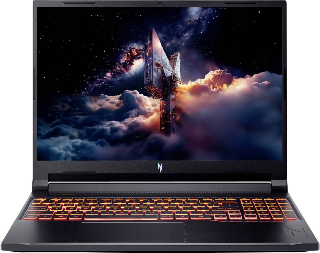 Ein Laptop mit einer bunt beleuchteten Tastatur zeigt einen weltraumthematischen Bildschirmschoner, der ein futuristisches Raumschiff inmitten von Wolken und Sternen darstellt.